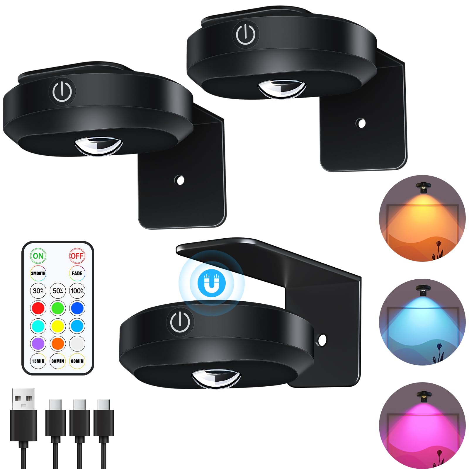 WILLED Picture Lights, 1200mAh Rechargeable Battery Operated Picture Lights, Puck Lights with Remote, 9 RGB Colors, Dimmable&Tim