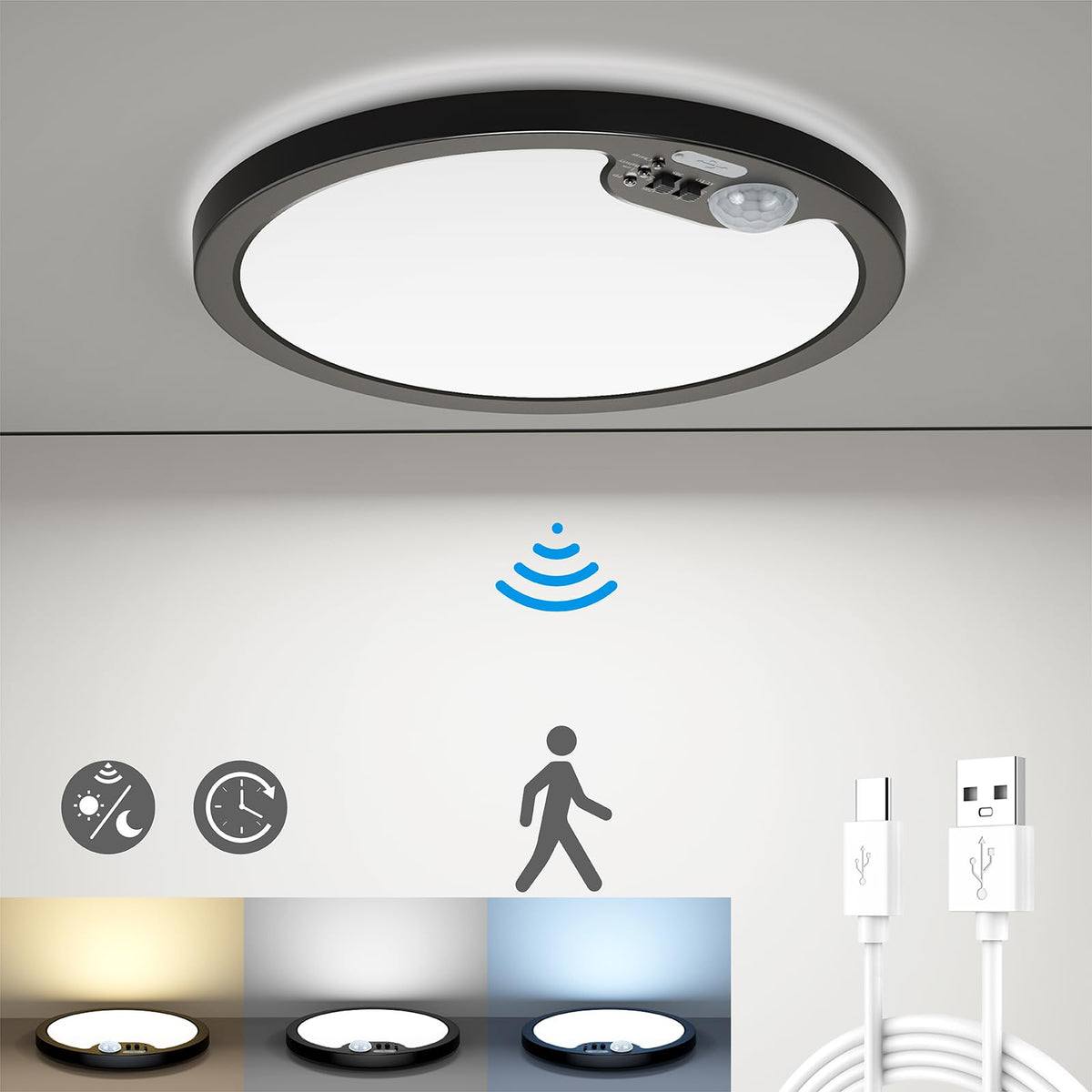 BLNAN Rechargeable Motion Sensor Ceiling Light, Battery Operated Wireless Motion Activated Flush Mount LED Light, 7 Inch 7000mAh