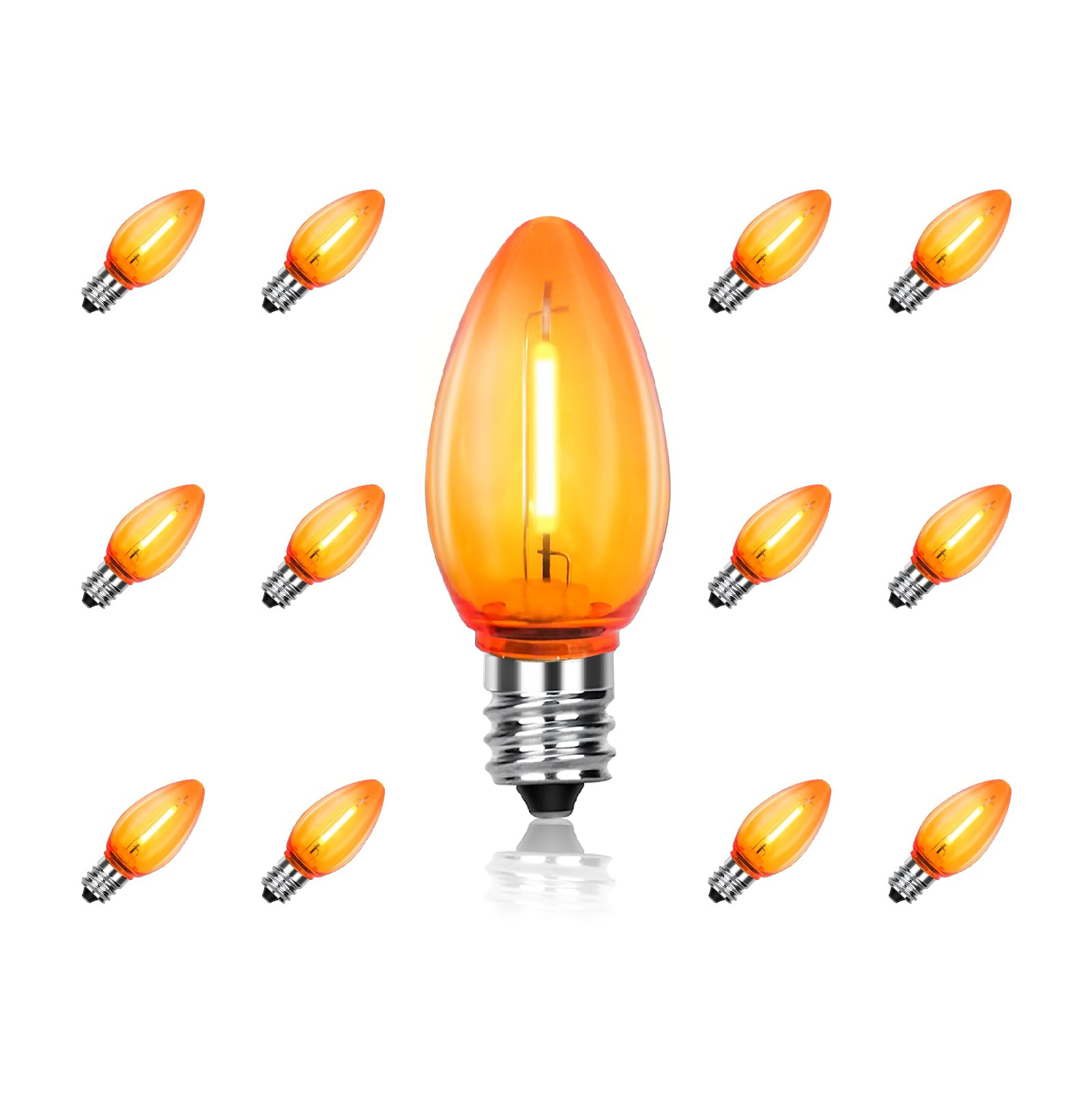 CHYSUPER C7 LED Light Bulbs, 12 Pack Halloween Orange Outdoor String Lights Replacement Bulbs, 0.6W E12 Candelabra Base for Pati