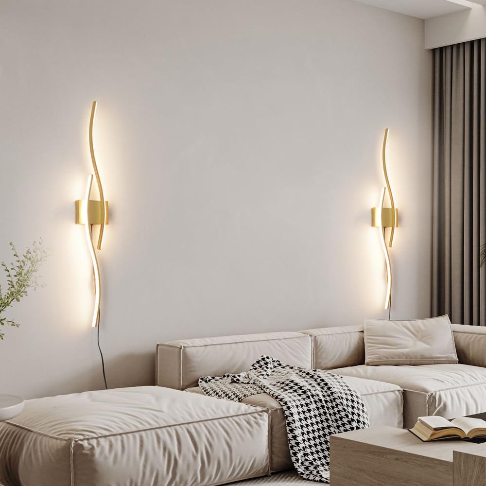 Daunton Gold Plug-in Wall Sconces Set of Two, Dimmable LED, 40.5" Aluminum Lamps for Living Room, Hallway, Bedroom - Model DX23014V1