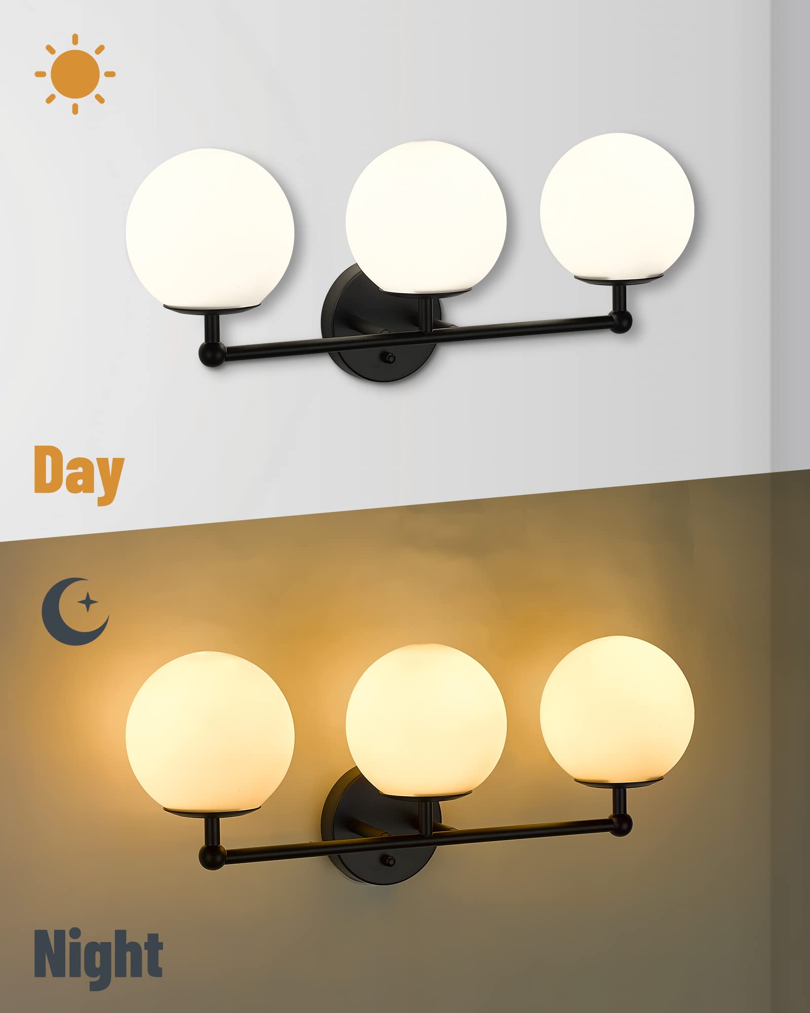 AKEZON 3-Light Black Vanity Lights for Bathroom, Milky Glass Globe Shade, Model KW-7307-3