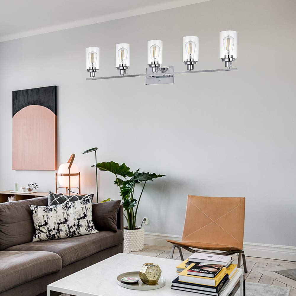 MELUCEE Modern Vanity Lights for Bathroom 5 Lights Chrome Finish with Clear Glass Shade, Contemporary Metal Wall Light Fixtures