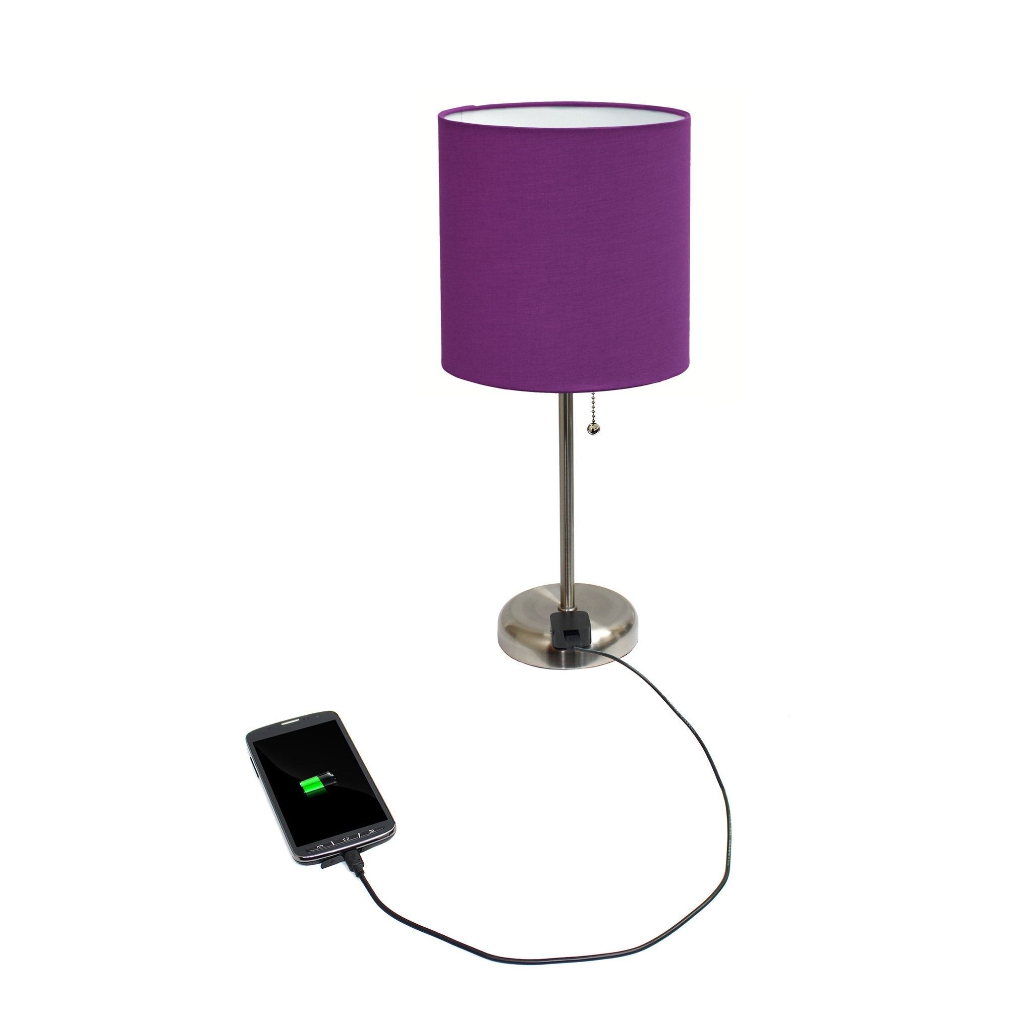 Simple Designs Lt2024-Prp Brushed Steel Stick Table Desk Lamp With Charging Outlet And Drum Fabric Shade, Purple