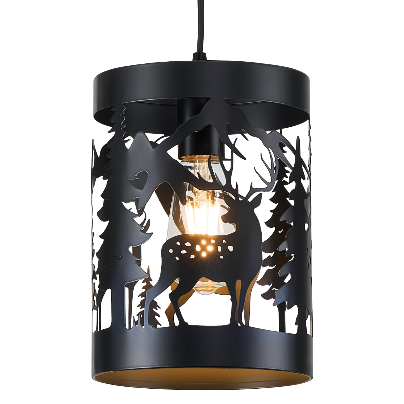 Monyohame Farmhouse Rustic Ceiling Light Fixtures, 1-Light Round E26 Base Black Metal Fixture Adjustable Height With Deer Design