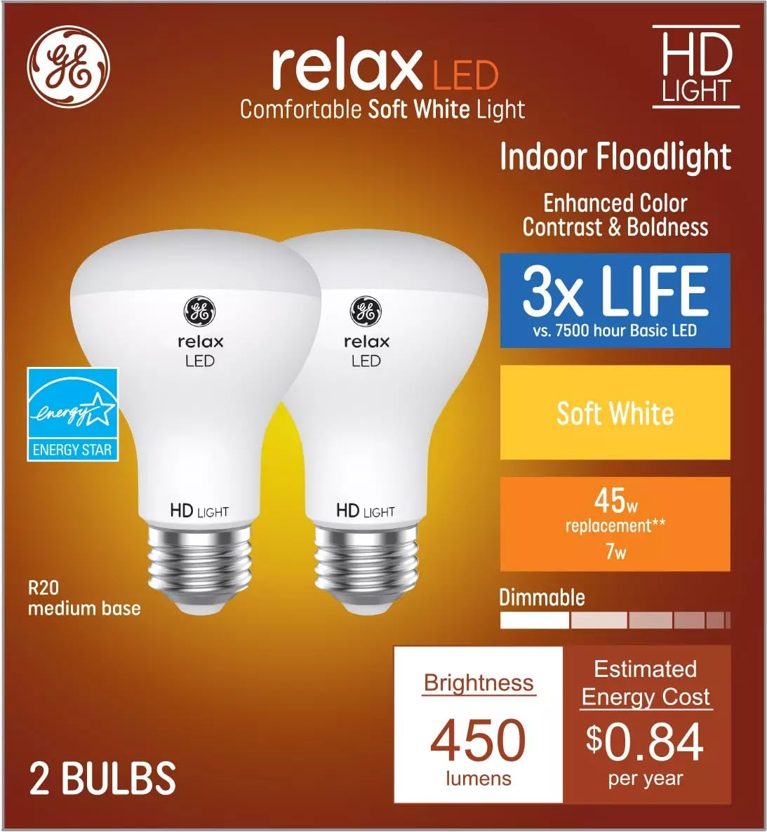 Ge Relax 2-Pack 45 W Equivalent Dimmable Soft White R20 Led Light Fixture Light Bulbs