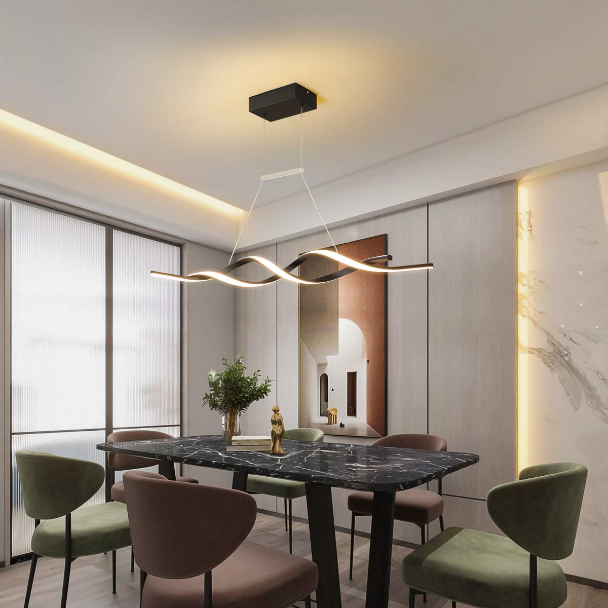 Jaycomey Dimmable Led Chandelier, Acrylic Wave Light With Remote, 28W, Black, 3000K-600