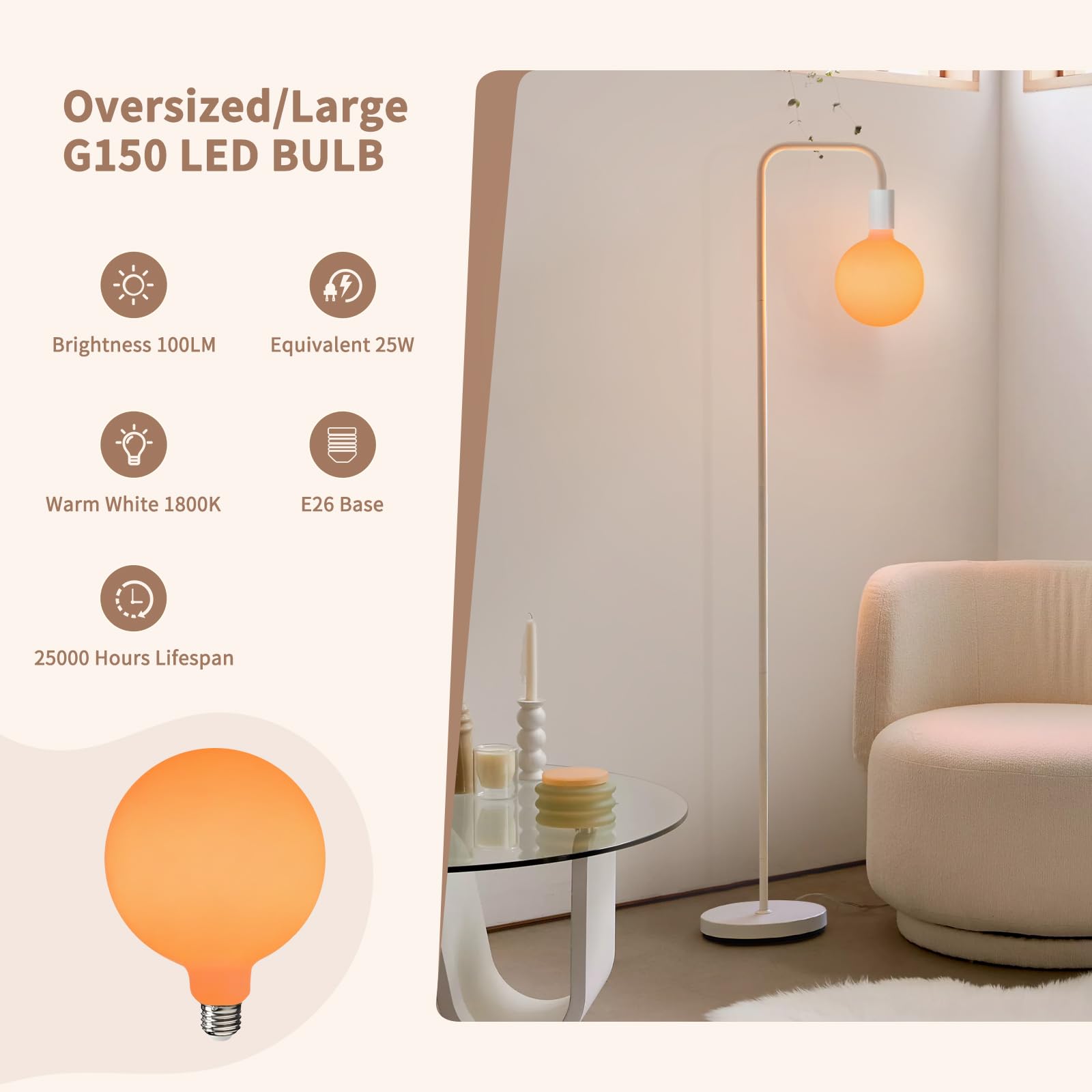 Onewish Floor Lamp For Living Room - Minimalist Standing Lamp With Modern Led Bulb, White Frosted Globe Glass 6'', 1800K Warm Am