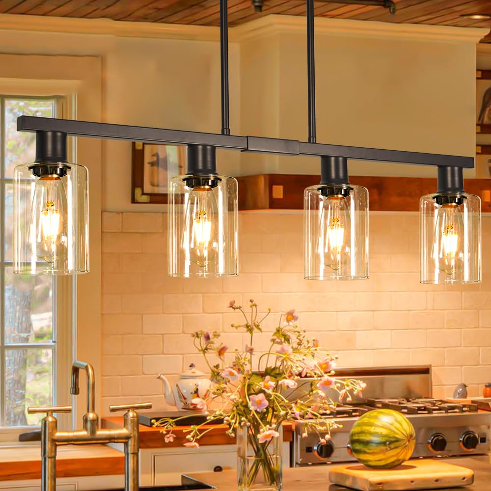 Brushed Nickel 4-Light Kitchen Island Lighting  Adjustable Island Lights for Kitchen with Clear Glass Shades - Kitchen Pendant Lighting over Sink  Farmhouse Chandelier for Dining Tables & Bars