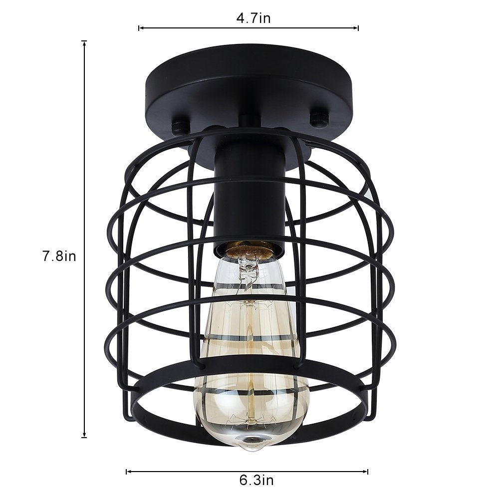 Create For Life® Industrial Vintage Flush Mount Ceiling Light,Rustic Metal Cage Pendant Lighting Lamp Fixture For Hallway Stairway Kitchen Garage, E26, Black Painting Finish