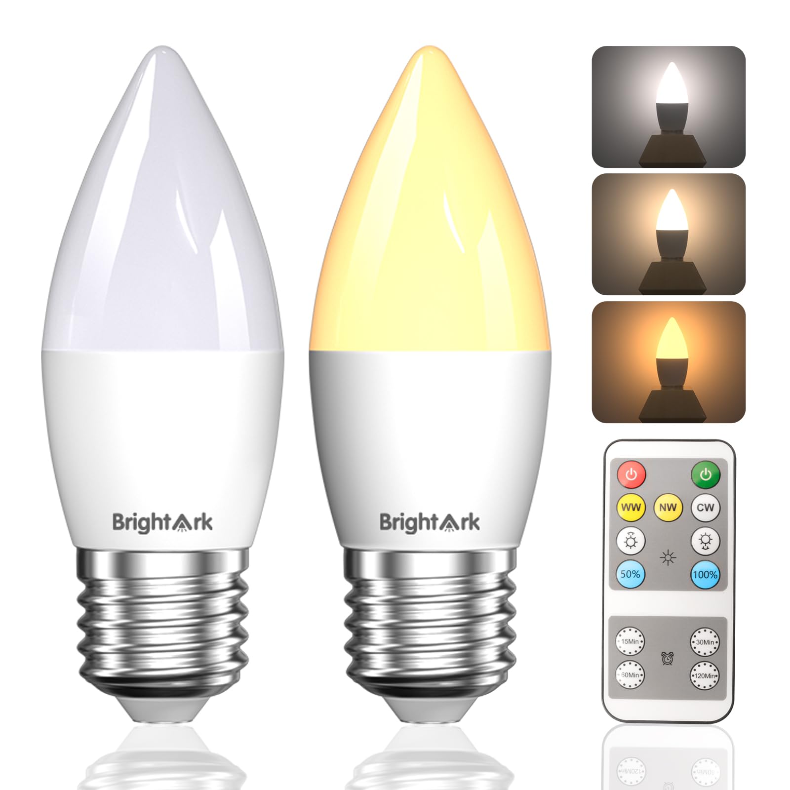 BrightArk E26 LED Light Bulbs with Remote Control, 400LM 4W Stepless Dimmable 3000K-4000K-6000K Light with Timer & Memory Functi