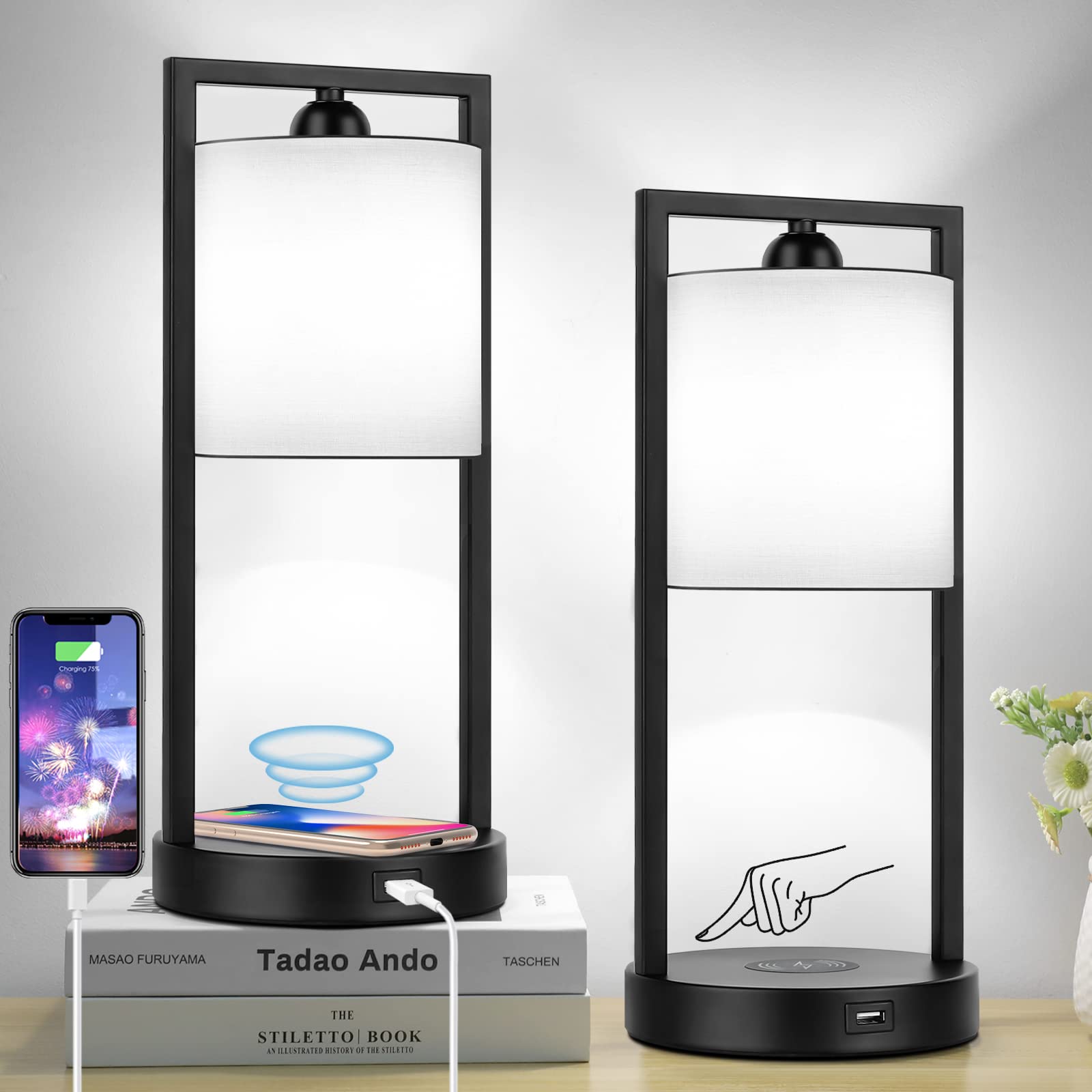 TOBUSA Table Lamps for Bedrooms Set of 2, Modern White Bedside Nightstand Lamps Touch Control 3-Way Dimmable for Living Room, Wi
