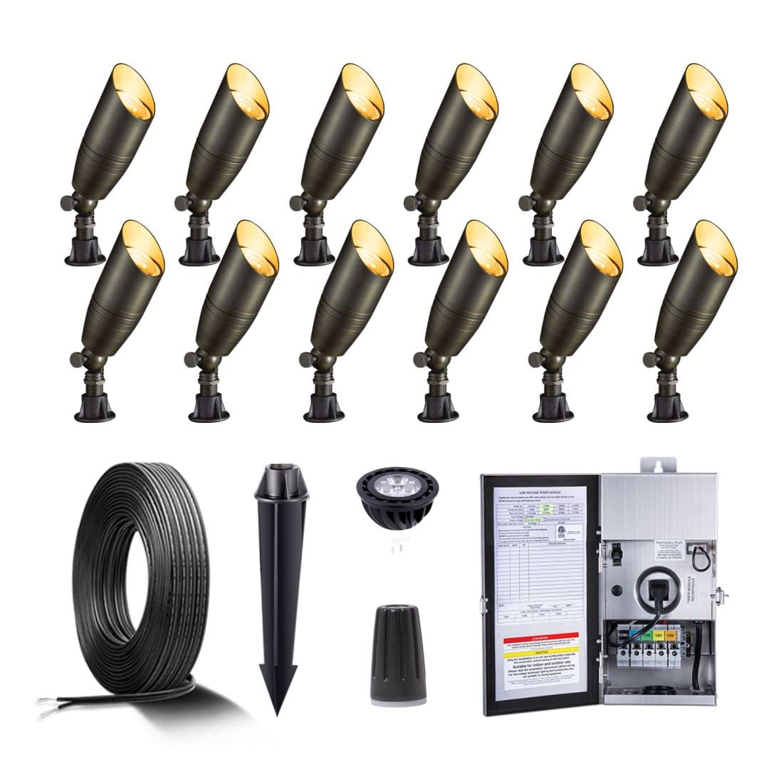 Gardenreet Solid Brass 12V Led Landscape Lighting Kit (12 Pack Spotlights) With 300W Low Voltage Transformer And Mechanical Timer And 250 Feet Wire And 50Pack Connectors For Outdoor Garden Patio