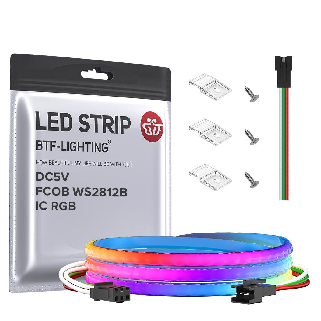 BTF-LIGHTING FCOB COB XGB1338(WS2812B) Individually Addressable IC RGB 160LED/m 800IC LED Strip DC5V 16.4FT 5mm Width Dream Chas