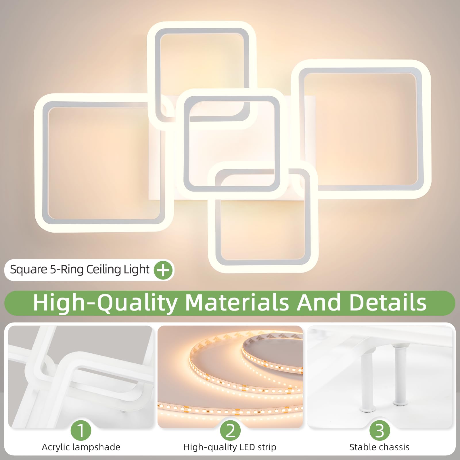 Seable Modern Led Ceiling Light 5-Square Dimmable White Flush Mount Led Flower Ceiling Light With Remote For Living Room