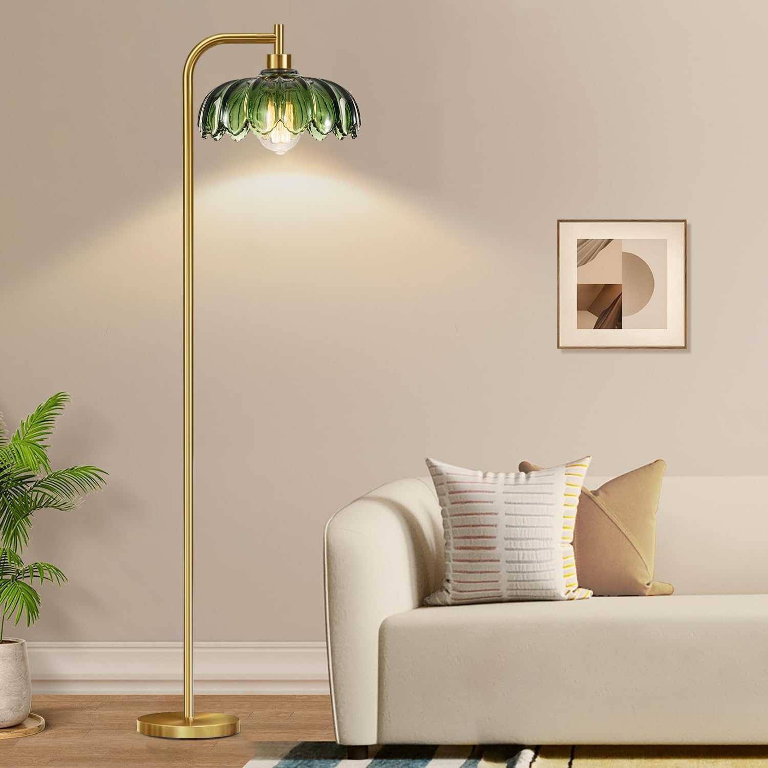 Qiyizm Gold Glass Floor Lamp Dimmable,Brass Tall Lamp Mid Century Modern Standing Lamp With Remote Retro Vintage Green Floor Lig