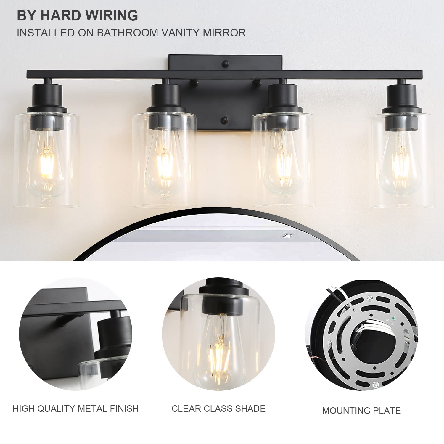 Filimitiy Bathroom Vanity Light Fixtures, 4-Light Matte Black Bathroom Lights, Wall Sconces With Clear Glass Shade For Hallway F