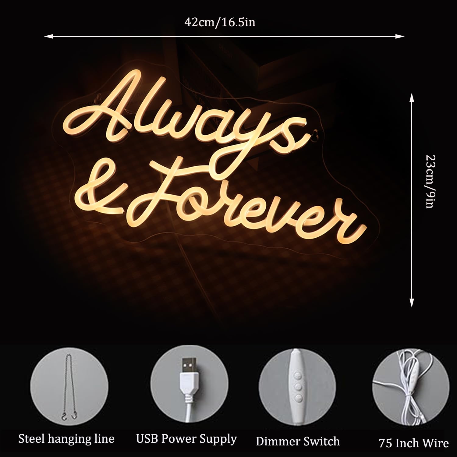 QiaoFei LED Neon Sign, USB Powered, Dimmer Switch, Warm White, Model QFLGT230317014, Wall Decor for Home, Bar, Wedding, Engagement