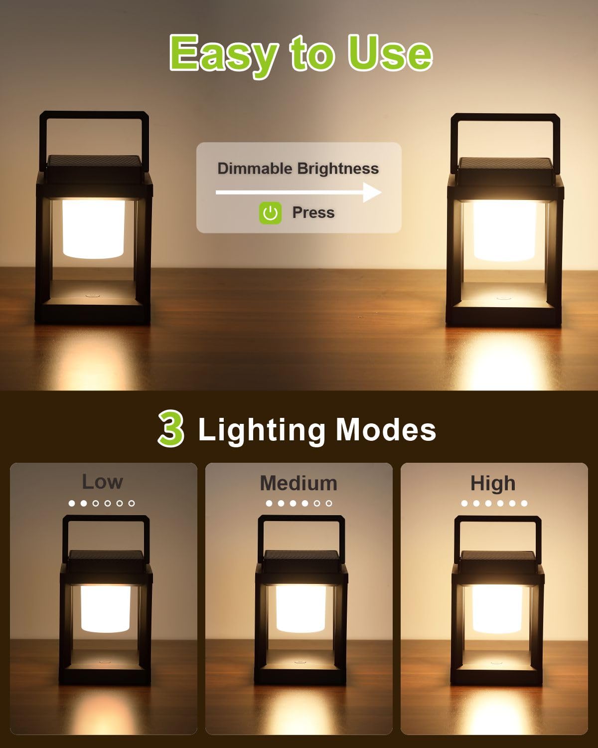 DAKAFUL Outdoor Table Lamp, LED Solar Lantern, Rechargeable, Waterproof, Square, Black, Model CA-DA-SL