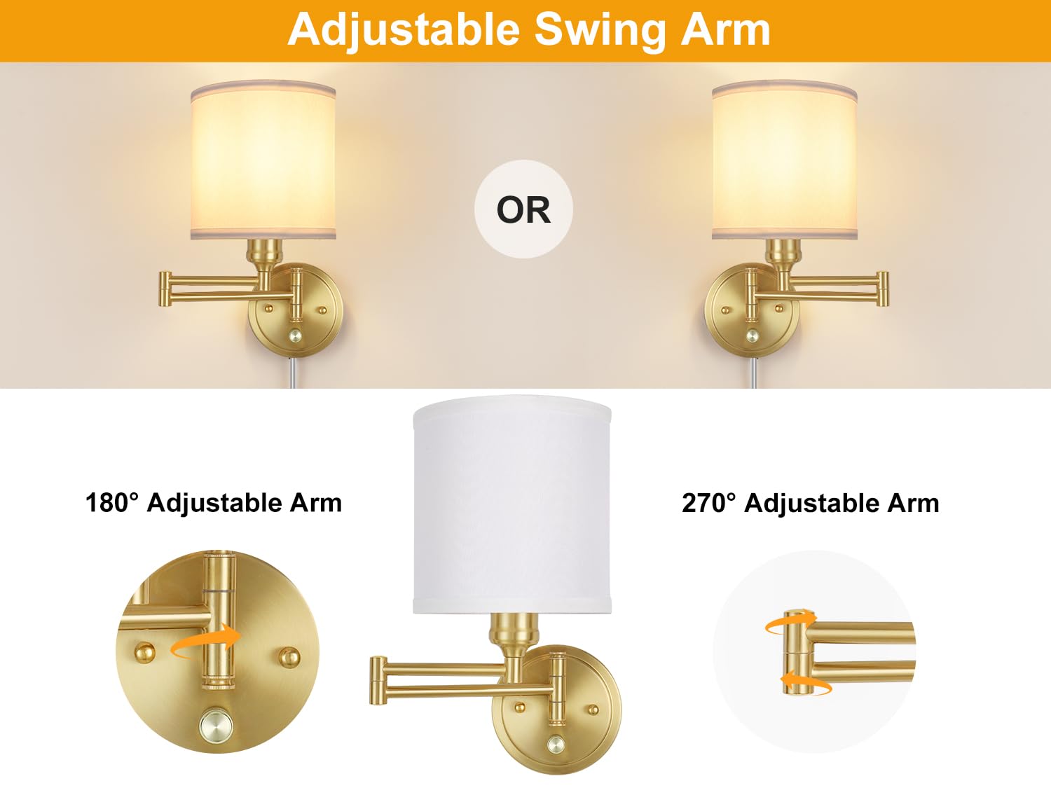 GOODATE Plug in Wall Sconces Set of Two, Remote Control, Dimming 10%-100%, Adjustable Colors 2700K-6500K, Gold Finish, White Fabric Shade