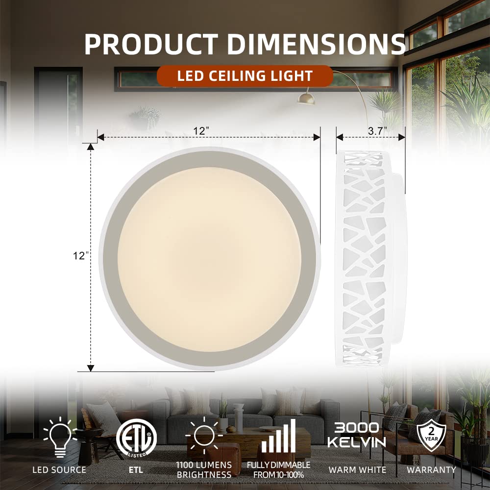 Vicnie 12&quot; Dimmable Flush Mount Ceiling Lights, 15W 1100 Lumens, 3000K