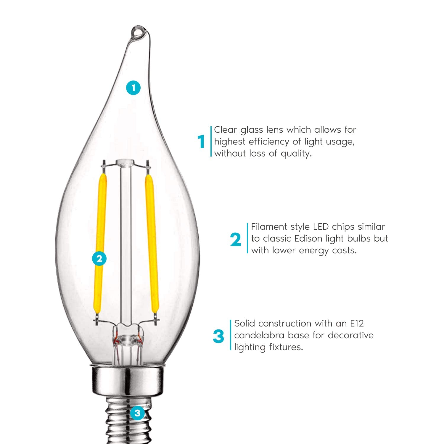 LUXRITE Vintage Candelabra LED Bulbs, Dimmable, 400 Lumens, 4000K Cool White, E12 Base, Glass, 6 Count, Model LR215
