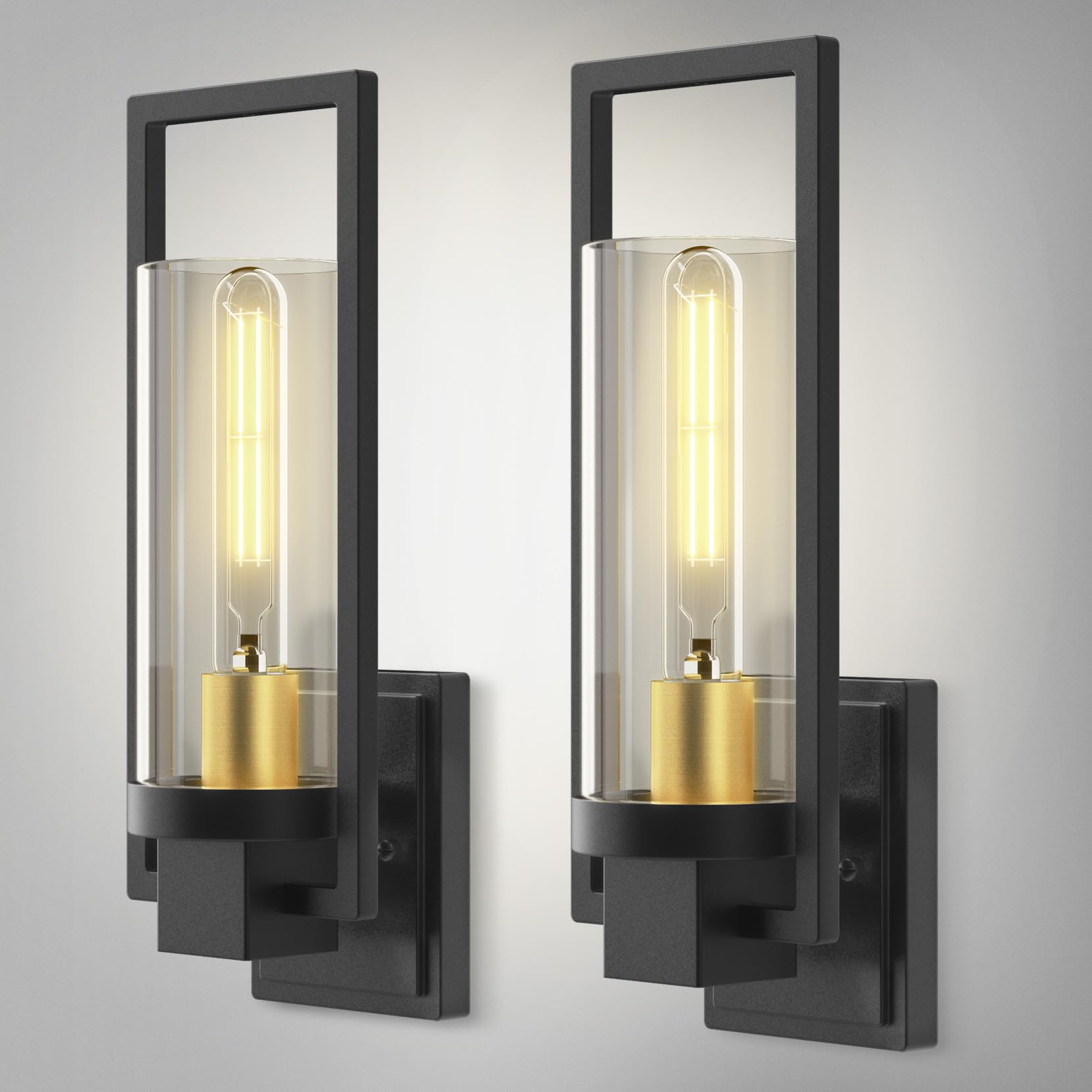 CINOTON Wall Sconces Set of 2, 15in Matte Black Vintage Light Fixtures, Black and Gold, Hardwired AC 120V, Model STR-WL-0016