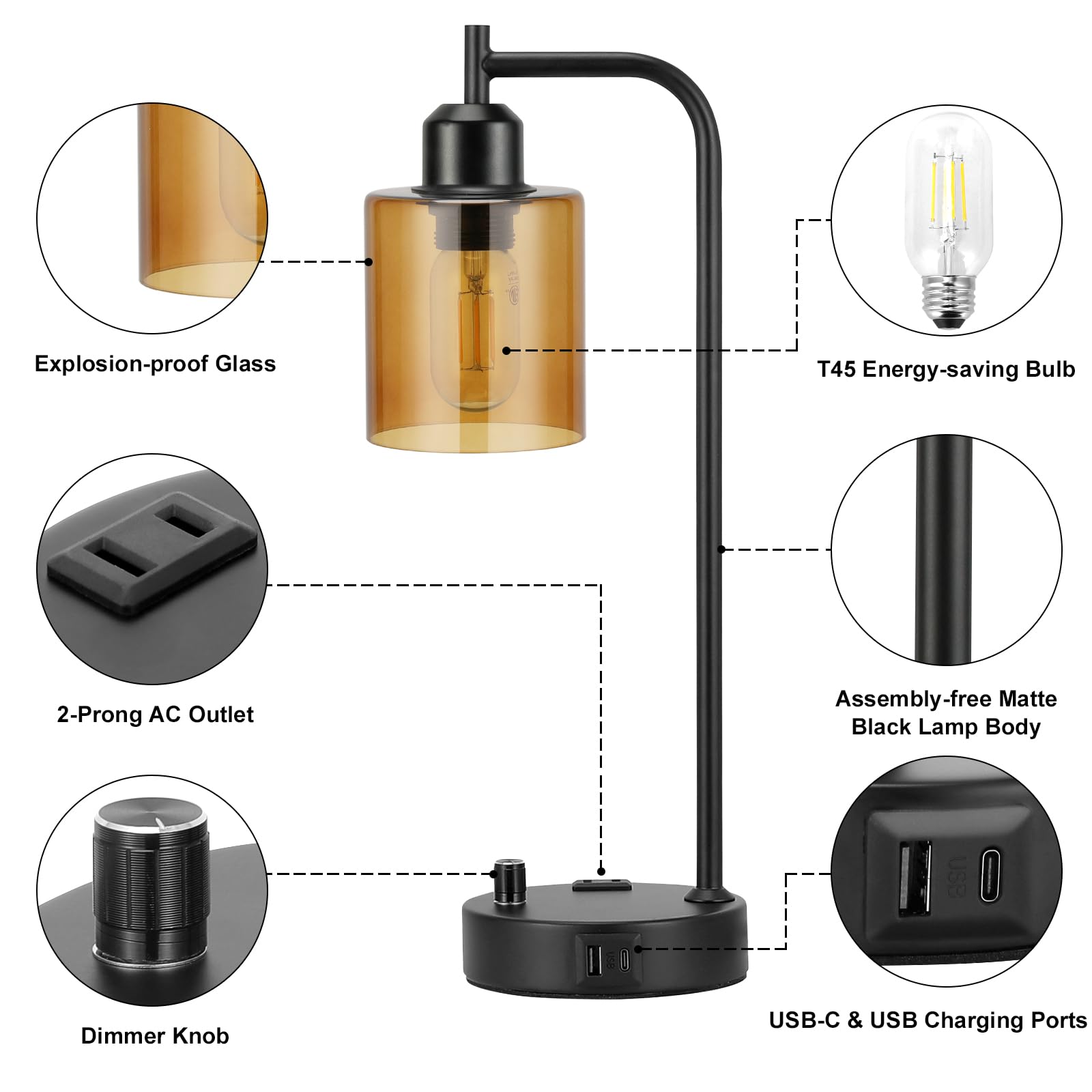 Innqoo Industrial Bedside Lamps Set of 2 - Dimmable with USB Ports, Amber Glass Shade, Black, Model 2-4