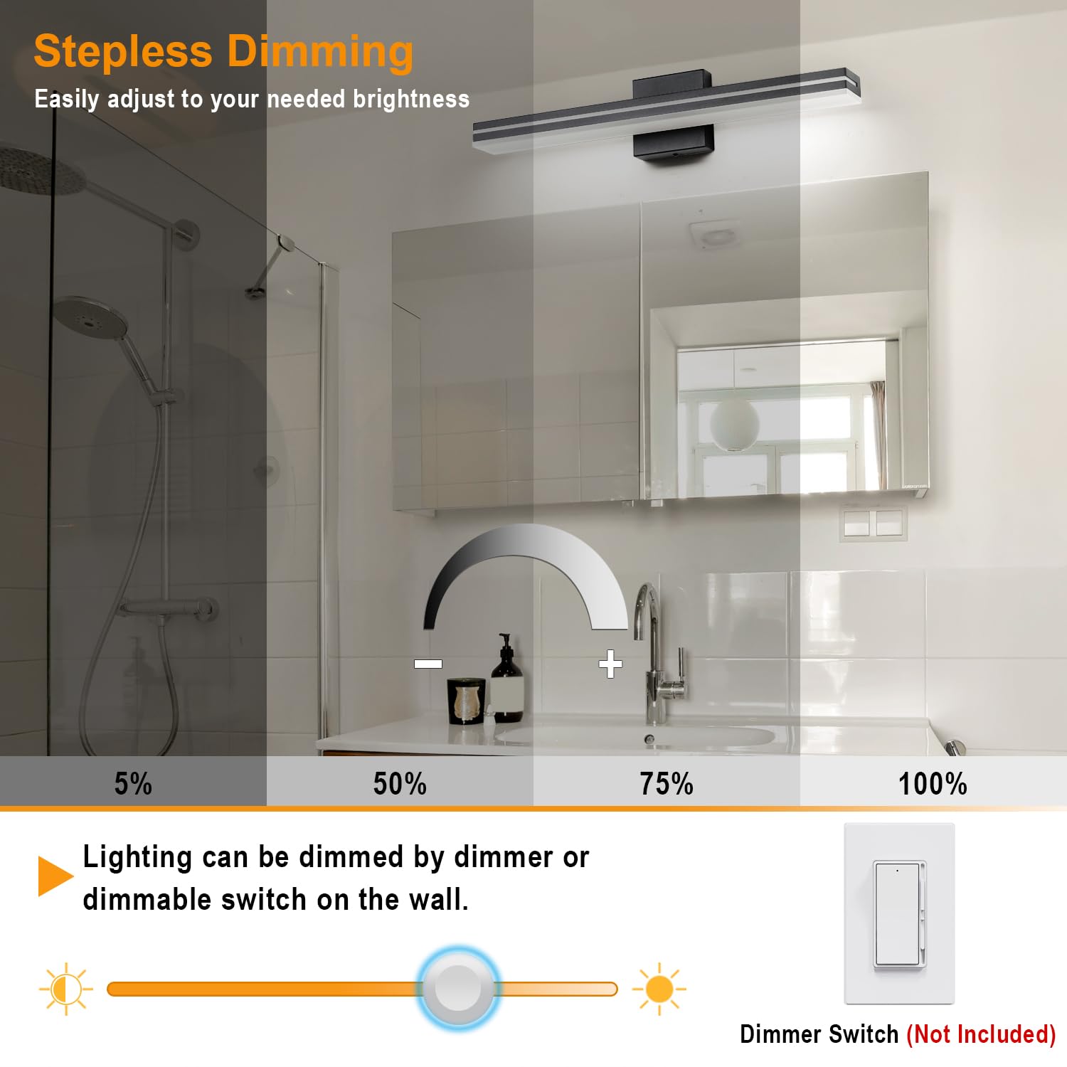 Sinerise Led Modern Bathroom Vanity Light Bar (24-Inch, 3000K/4000K/6000K), Matte Black Dimmable Modern Acrylic Bathroom Wall Li