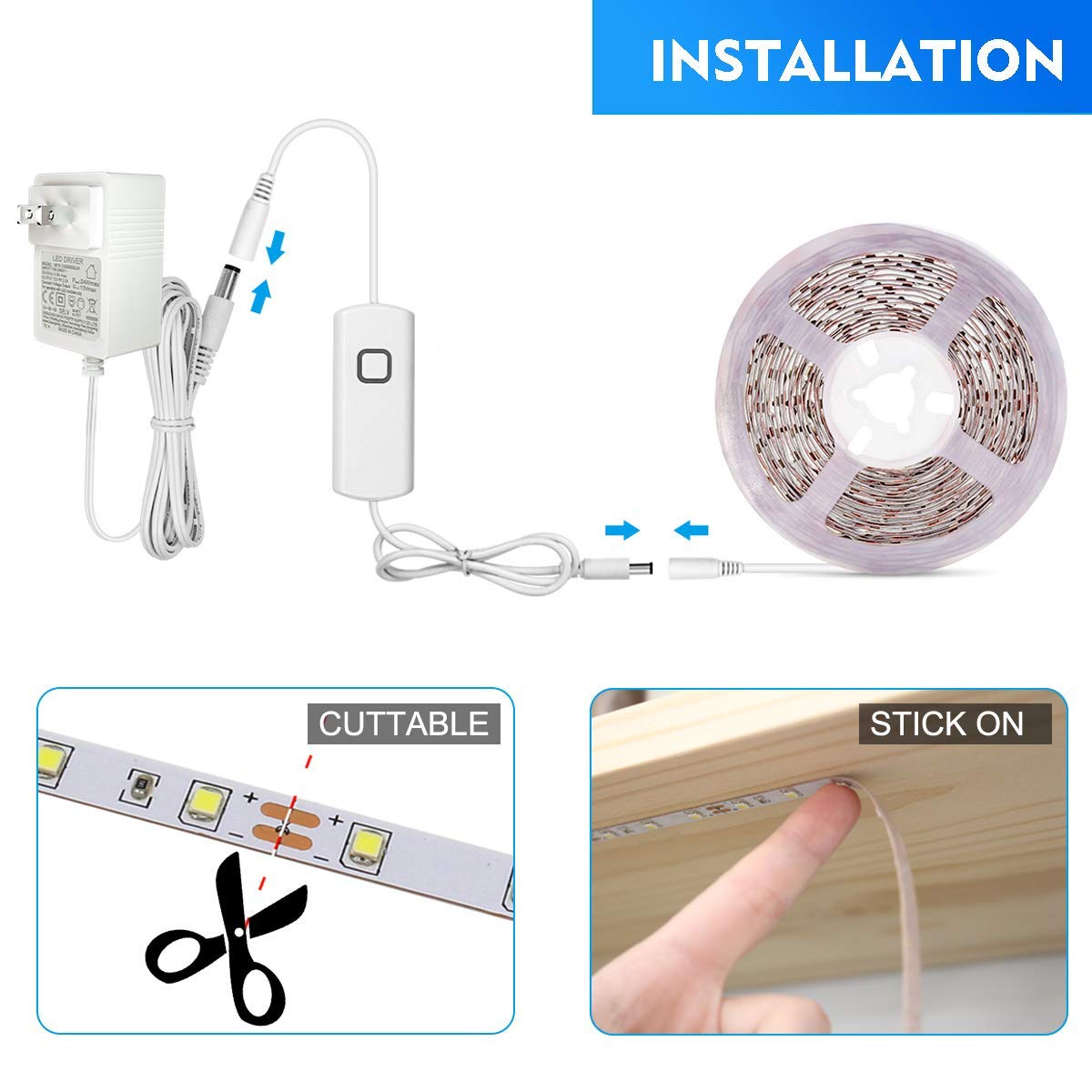 MYPLUS LED Strip Lights 16.4ft, Dimmable 700 Lumen, Cold White 6000K, Flexible Tape Light for Vanity, Kitchen, Bedroom