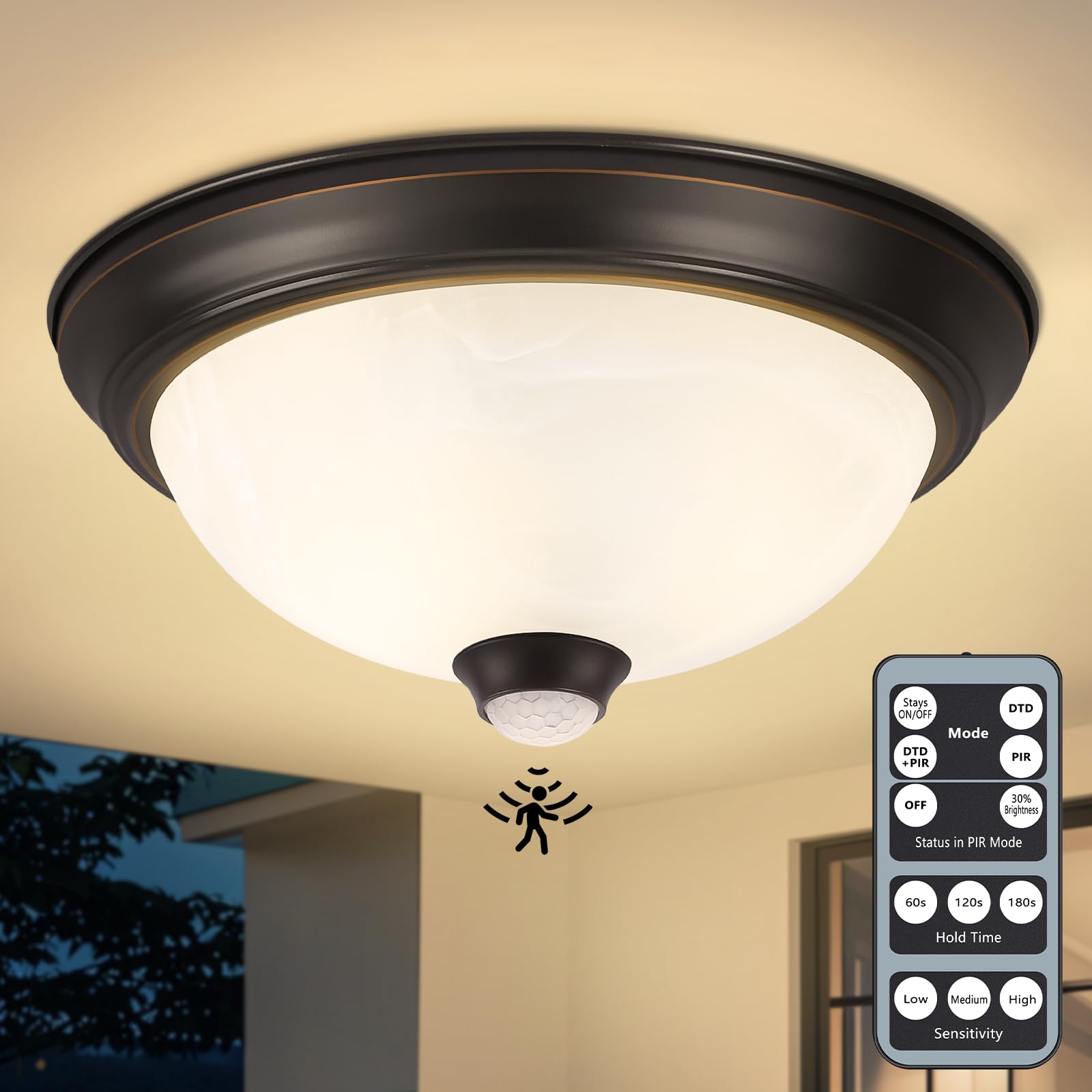 Outdoor Ceiling Light with Remote, Motion Sensor Flush Mount Ceiling Lights Dusk to Dawn Porch Lights with 4 Modes, 2-Light Clos