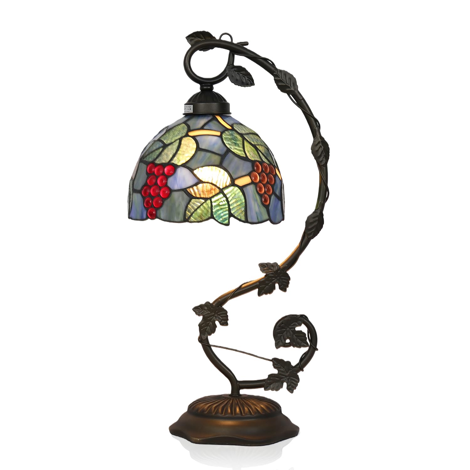 TFNALNB Tiffany Table Lamp, Grape Style Stained Glass Shade with Metal Vine Base, 8x10x20 Inch