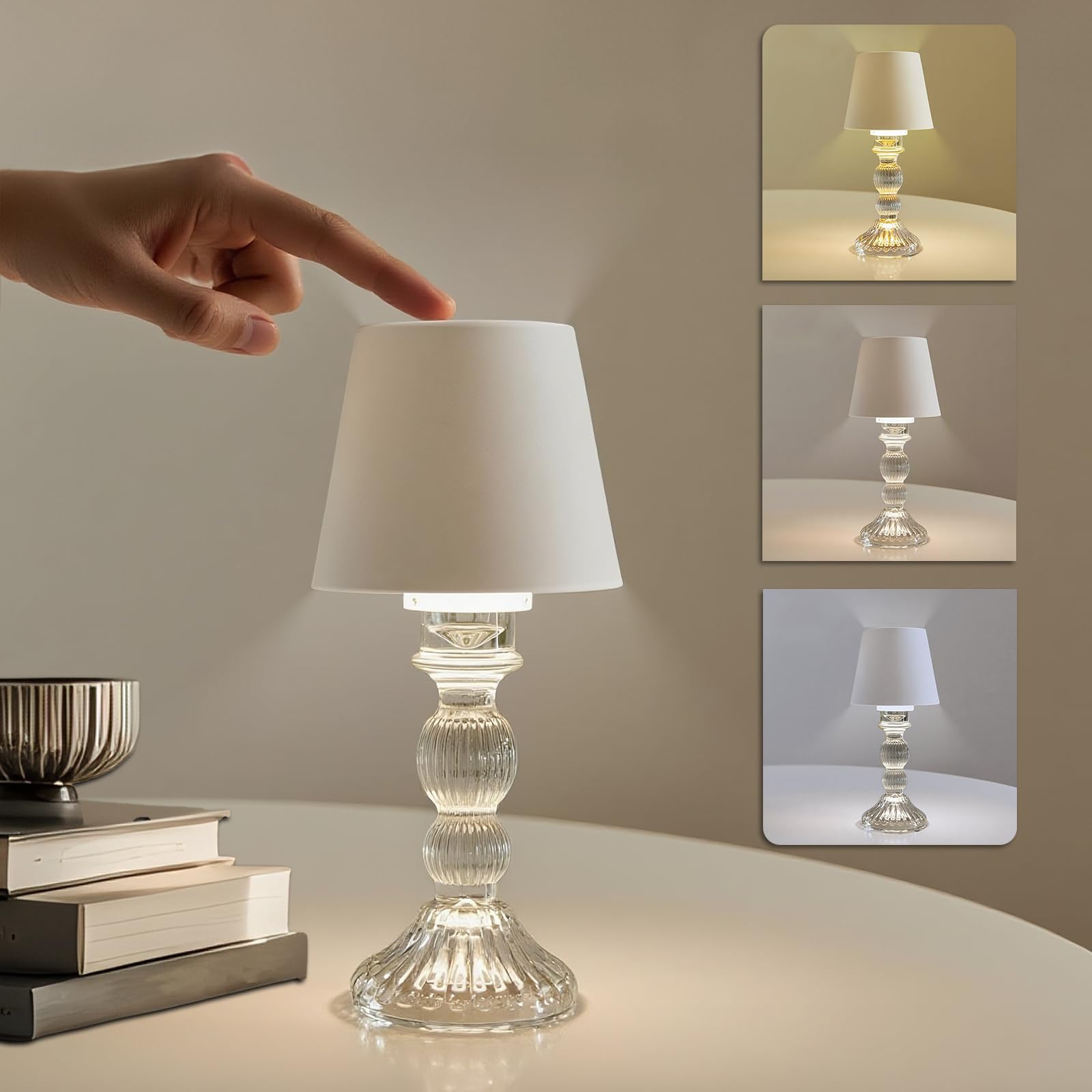 MJ PREMIER Cordless Table Lamp, Small Rechargeable Lamp with Touch Control, 9.5 H, 3 Color Stepless Dimming Battery Operated Lam