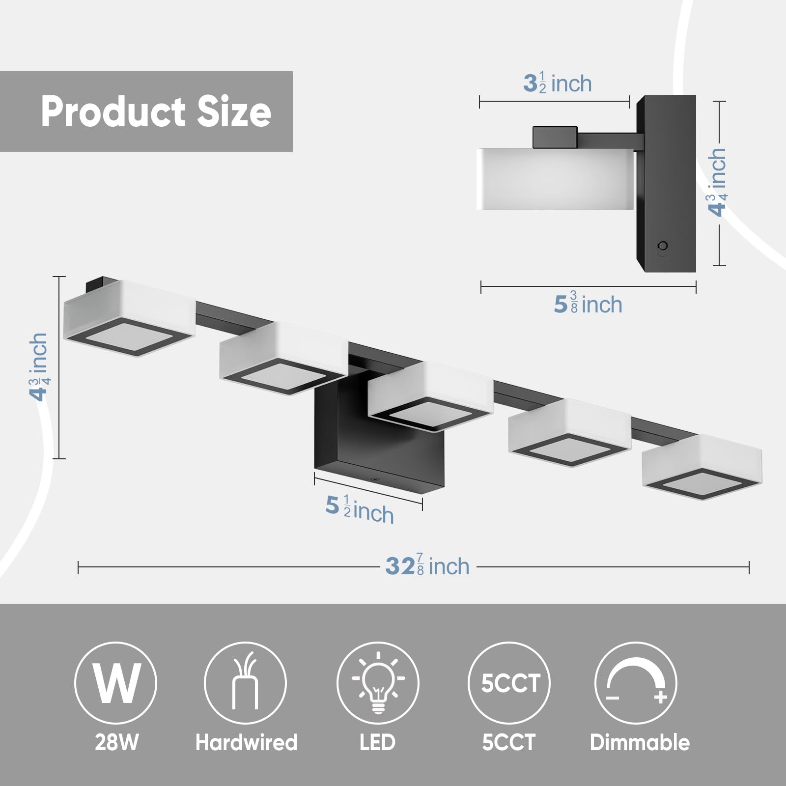 MYTH REALM LED Bathroom Light Fixture - 5-Light Dimmable Vanity Light, Matte Black, 33 inch, ETL Certified, Adjustable 2700K-6500K