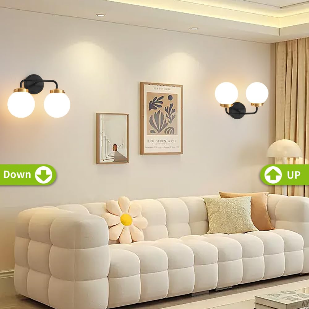 Deyidn Black Gold Bathroom Light Fixtures Over Mirror, Modern Vanity Lighting With Milk White Glass Globe Shades 2-Light Farmhou