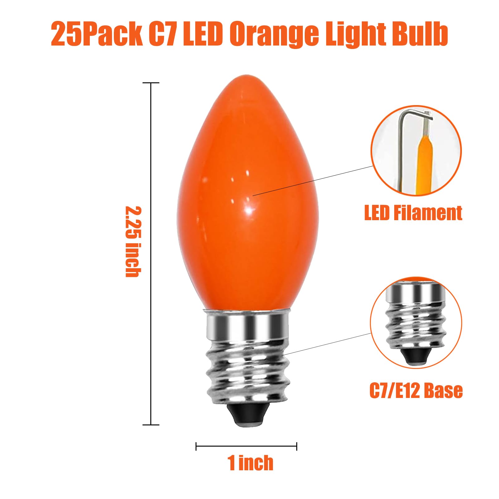 SUNSGNE C7 LED Christmas Light Bulbs, 25 Pack, E12 Base, 0.6 Watt, Orange, Plastic, Ideal for Outdoor String Lights, Halloween Decor