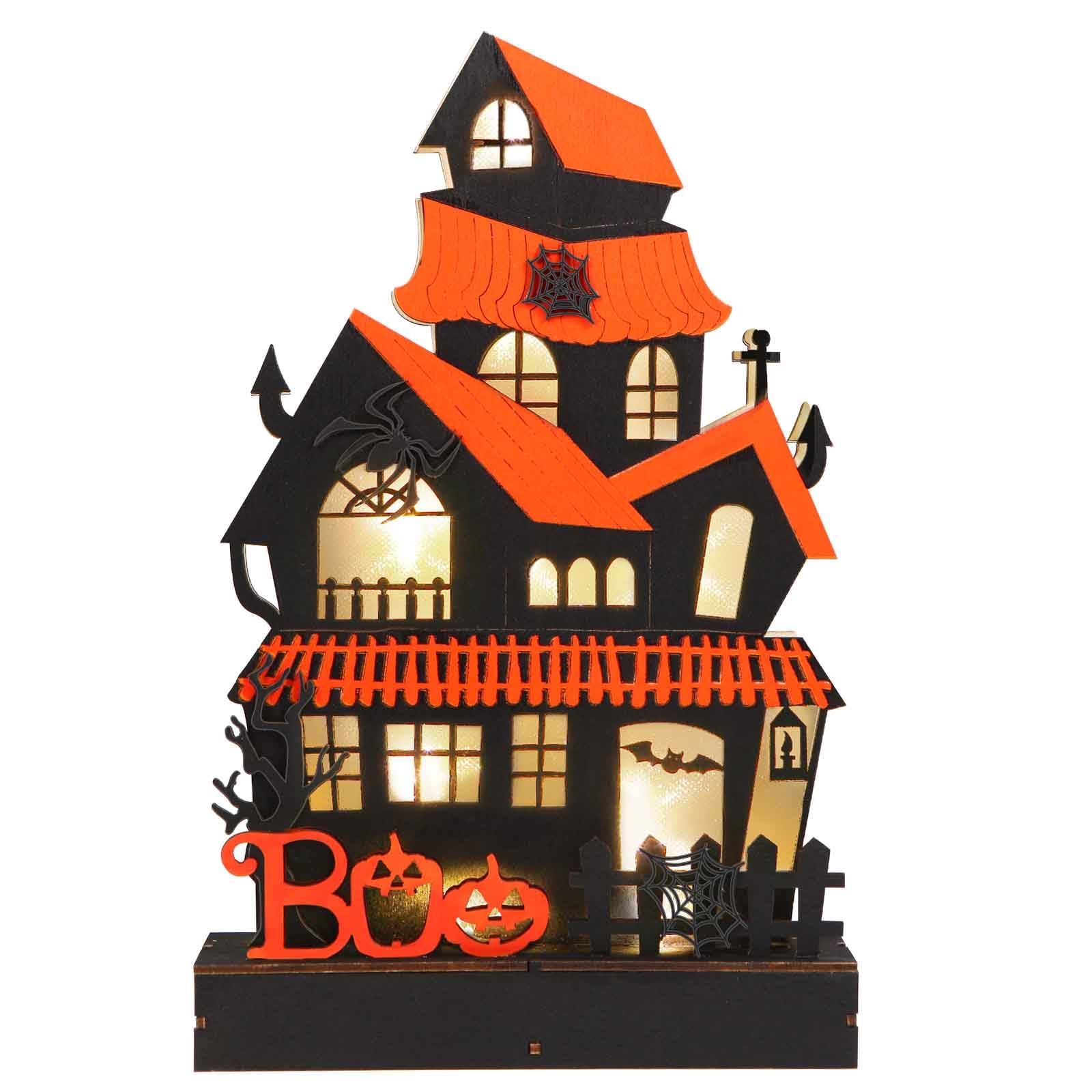 Halloween Decorations Indoor Haunted House Lights, Wooden Halloween Tabletop Decoration for Home, Battery Operated Light Up Halloween Decor for Desk Table Fireplace Room Halloween Party Decoration