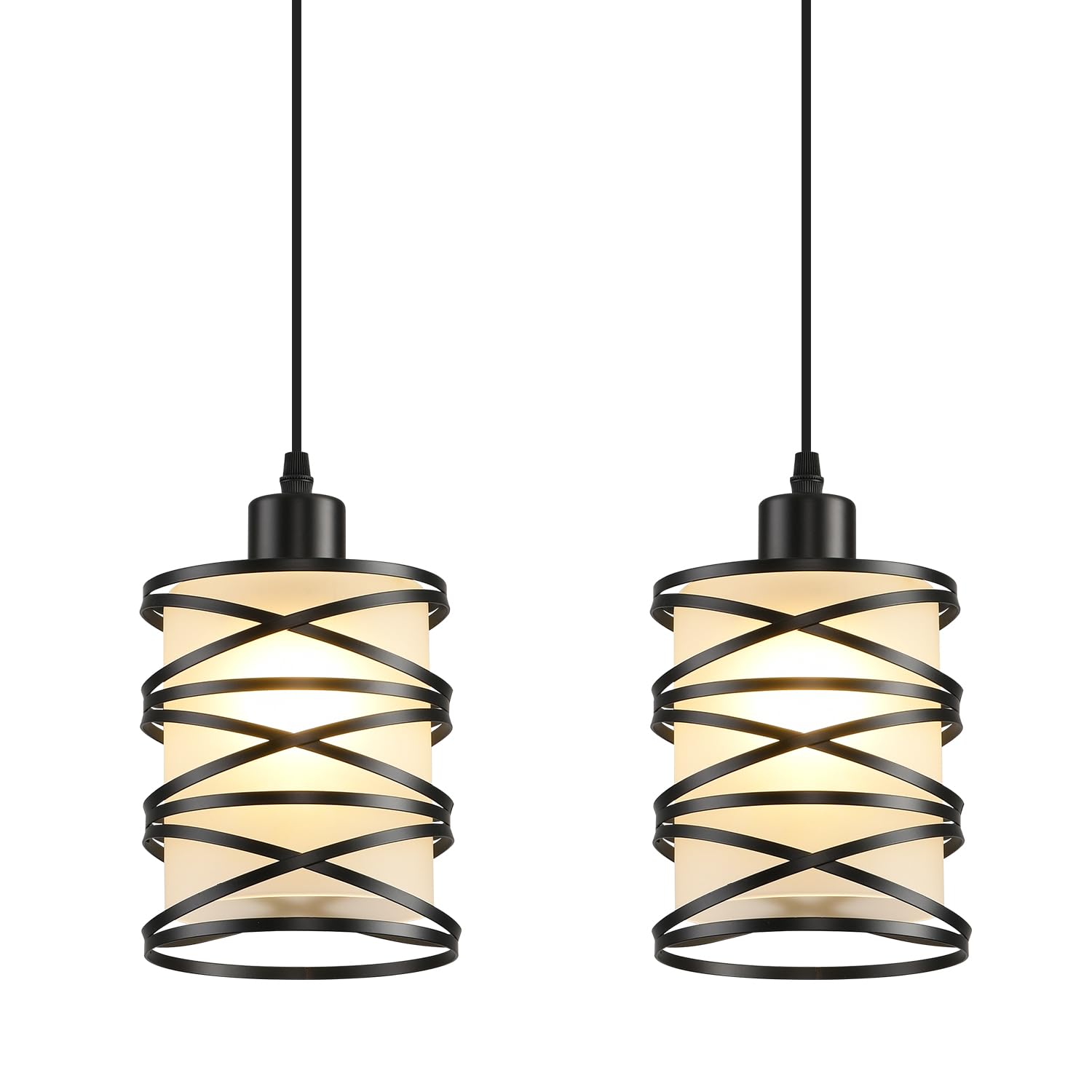Ihengyanlt 2 Pack Pendant Light Kitchen Island Pendant Lighting, Hanging Light With Spiral Cage Frosted Glass Shade, Black Modern Indoor Hanging Lamp For Dining Room Kitchen Island