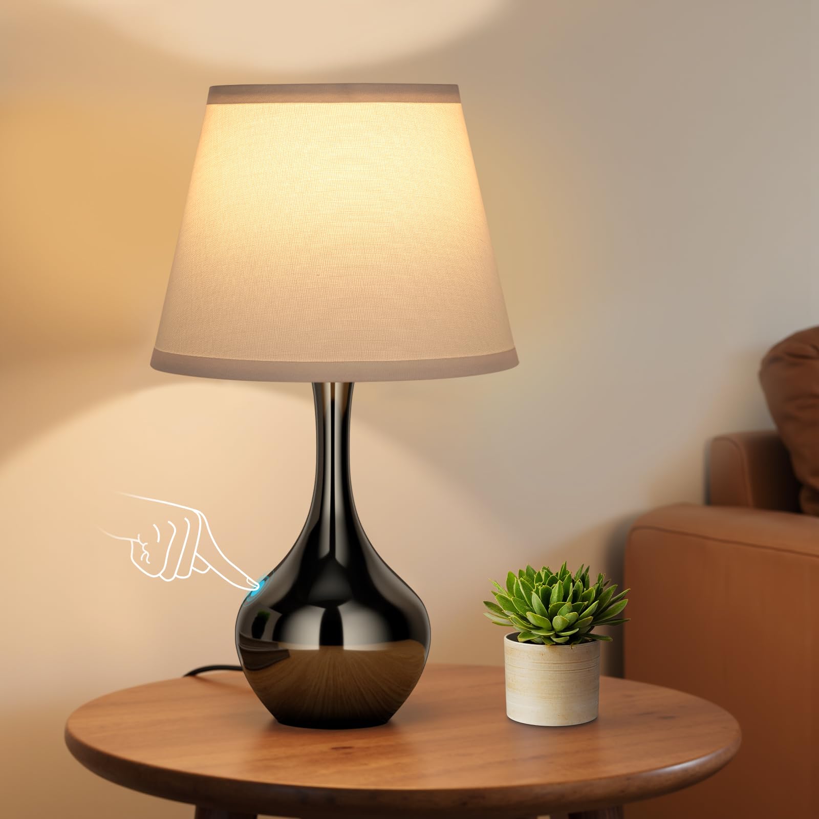 Seealle Touch Table Lamp for Bedroom  3-Way Dimmable Small Bedside Lamps for Night Stands with Wires  Pearl-Black Desk Lamp for Kids Room  Office  Living Room  End Table(LED Bulb Included)