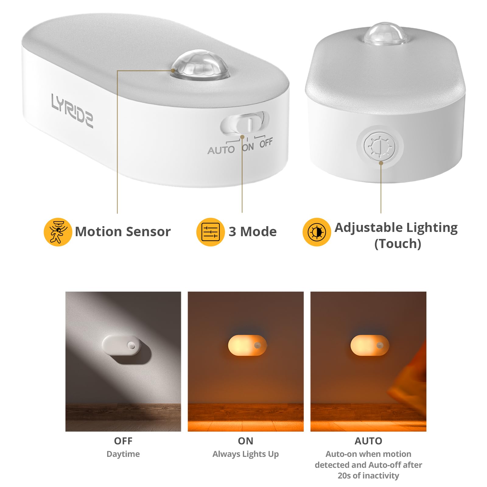 Lyridz Rechargeable Night Light with Motion Sensor, Dimmable Amber Nightlights for Bathroom, Bedroom, Kids Room, Hallway, Stairs