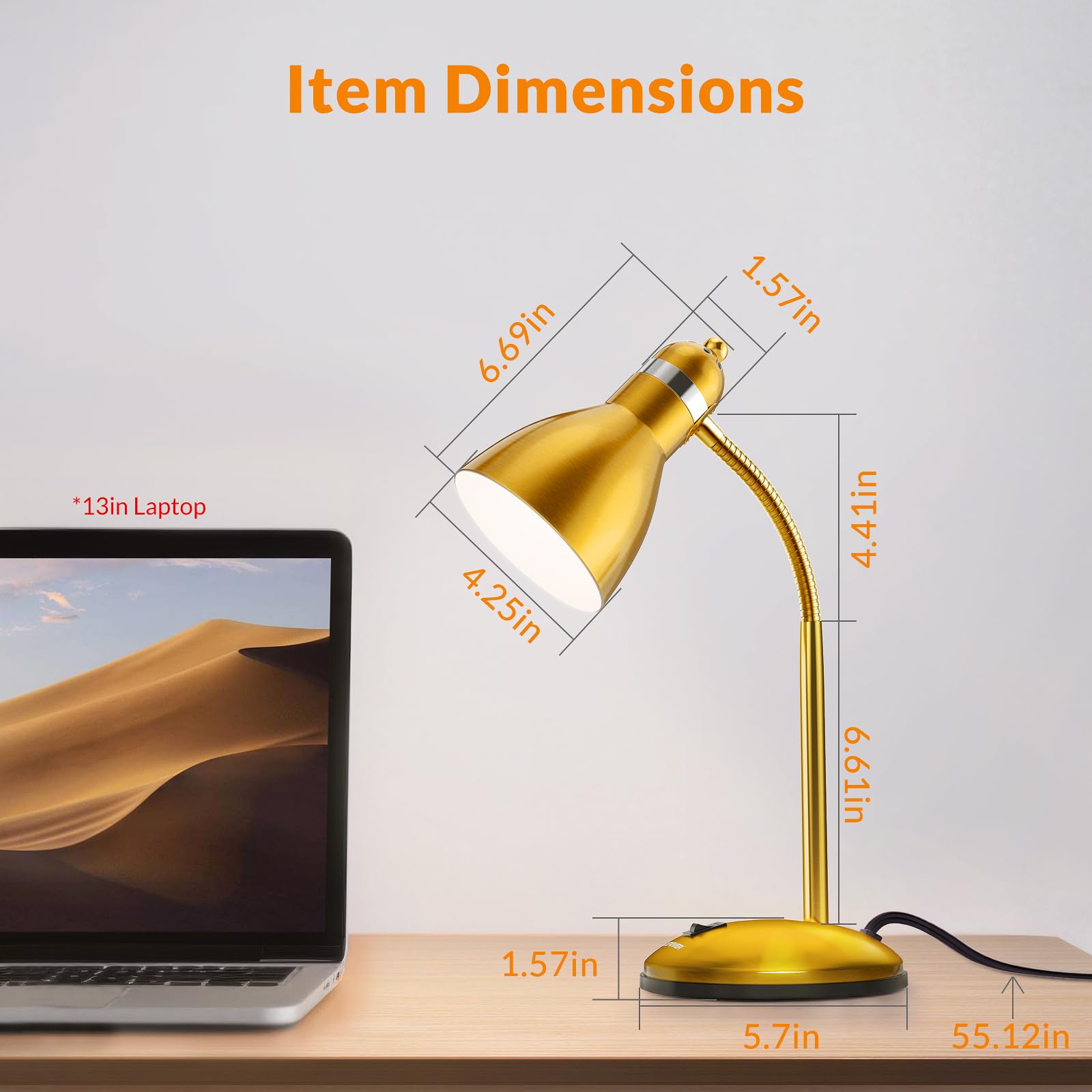 LEPOWER Metal Desk Lamp, Adjustable Goose Neck, Eye-Caring, Gold, Model UT2032 for Bedroom, Study Room, and Office