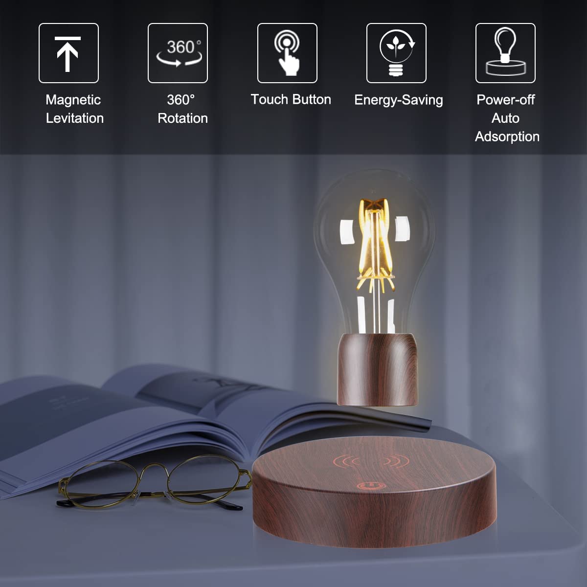 VGAzer Magnetic Levitating LED Light Bulb Desk Lamp, Round Wooden Base, Deep Brown Color, Model B07926F64D01