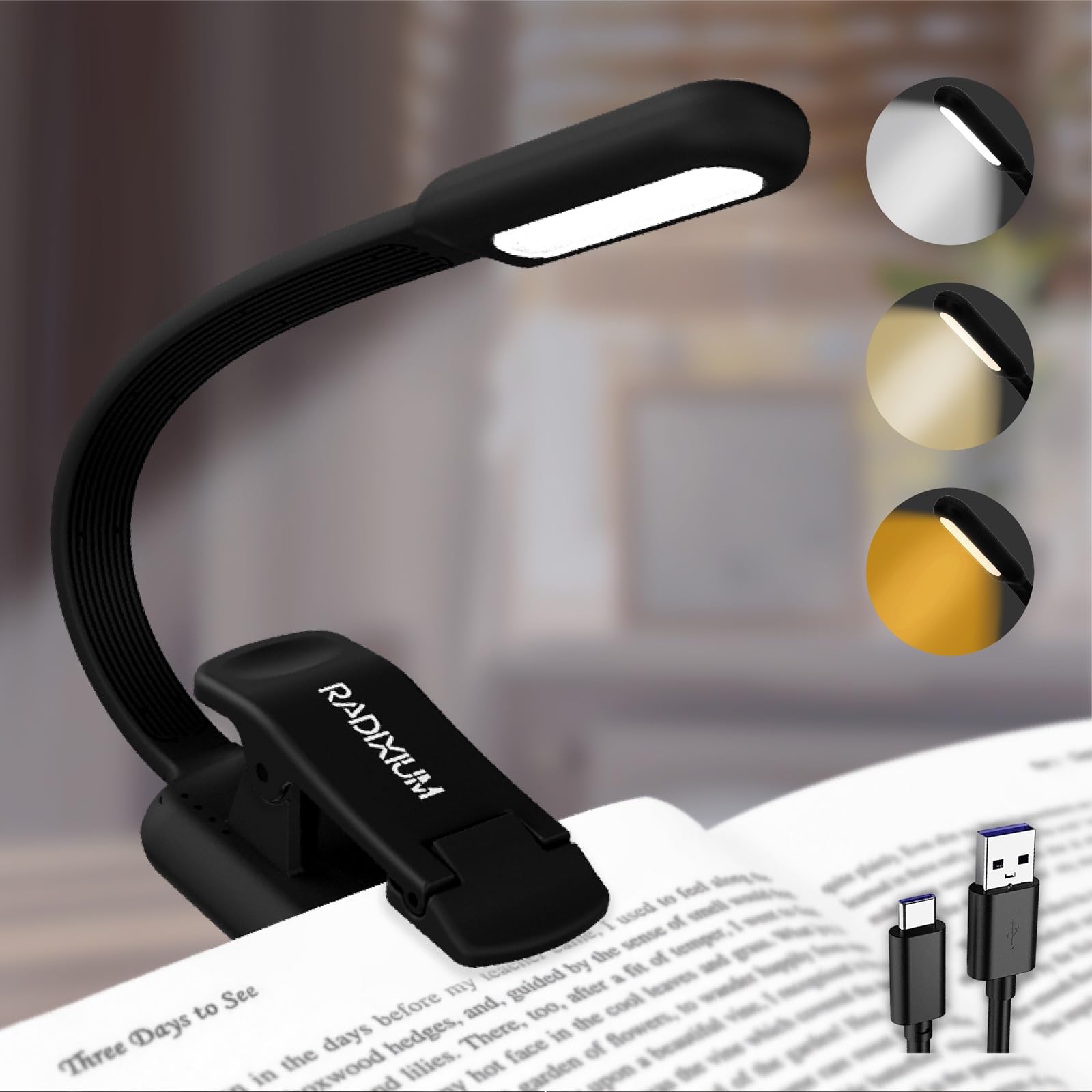 Radixium Rechargeable Book Light For Reading - 9Led Eye-Caring Clip Light W/ 9 Color Temp  Stepless Dimming  50H Battery  Usb-C  Ultra Slim - Gift For Book Lovers (Black)