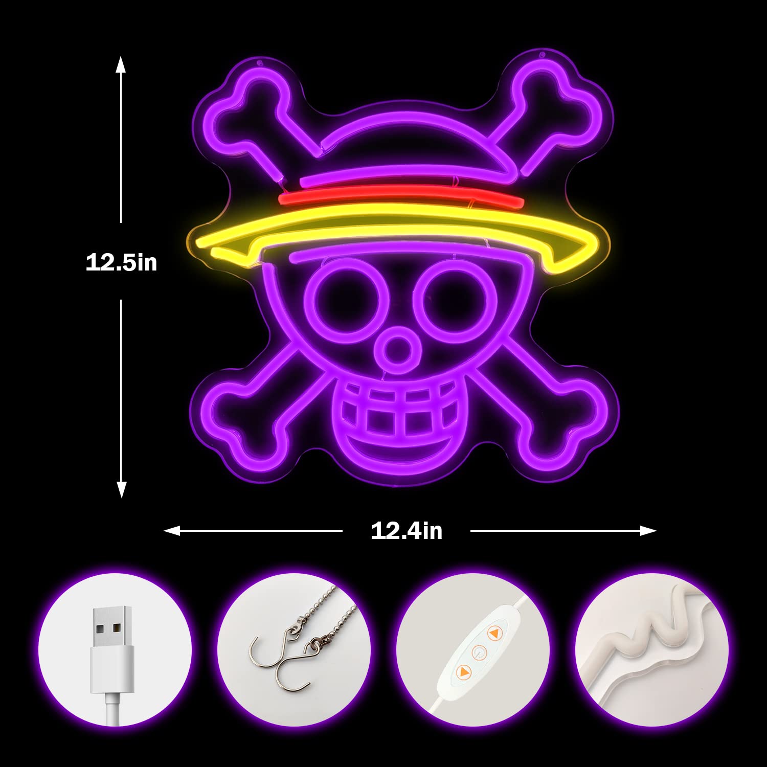 One Piece Neon Sign Dimmable Anime Neon Sign Luffy Skull Head Neon Light LED Neon Signs for Kids Teen Bedroom Game Room Wall Dec