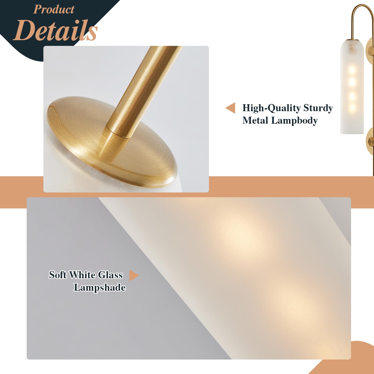 BOKT Mid Century Modern Wall Sconce, 1-Light Brushed Gold Metal, White Glass, Model L0293E01W, Ideal for Bathroom Vanity