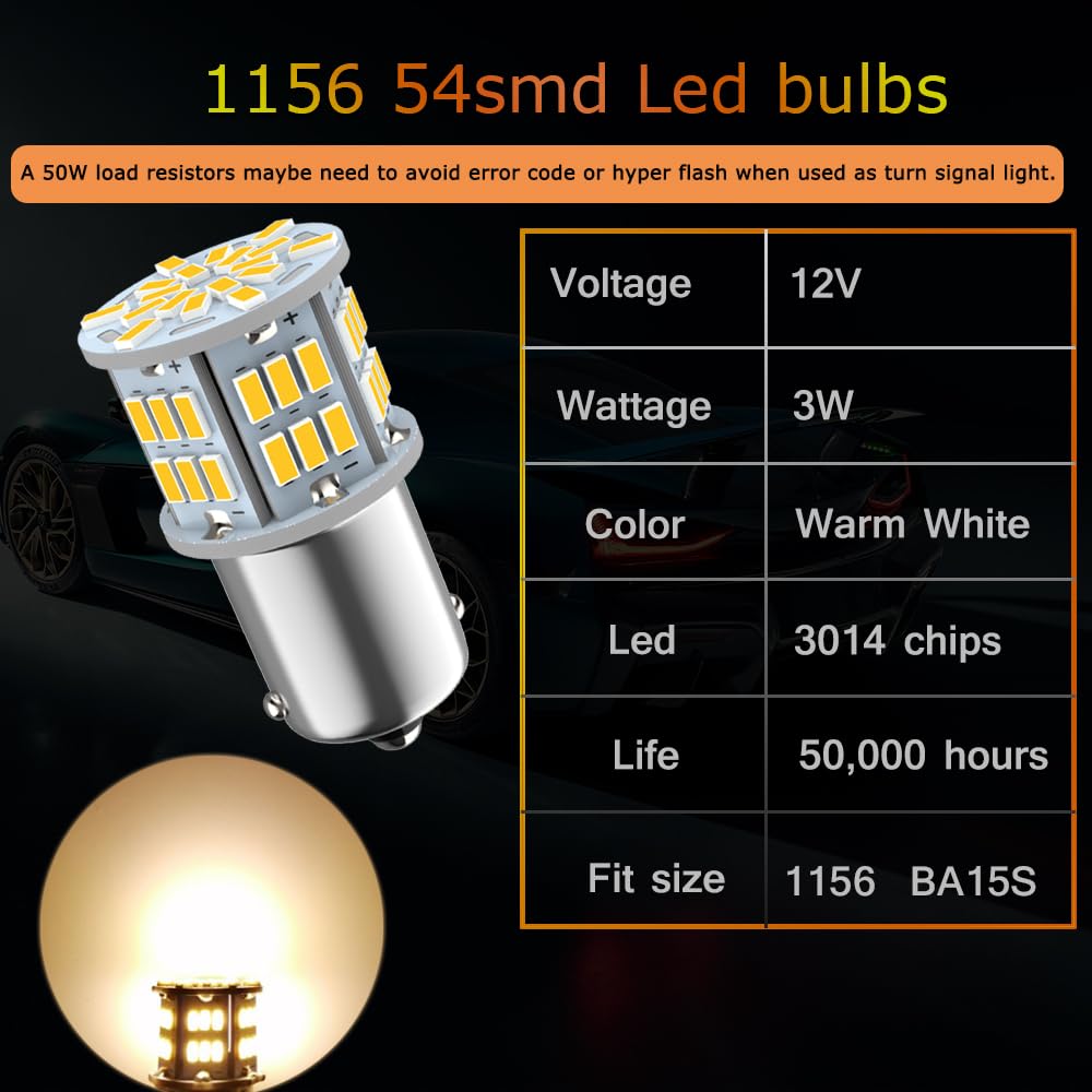 Melphan-Auto 1156 LED Bulb, 54-SMD, 12V-24V, Warm White, 4pcs for RV, Camper, Trailer, Vehicle Interior, Tail Lights