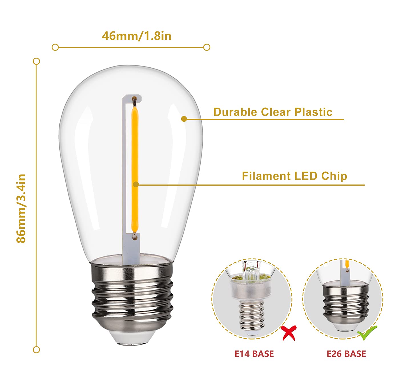 CLSETAIC S14 String Light Bulbs, Waterproof LED Replacement, Warm White 2200K, E26 Base, 24 Count, Plastic
