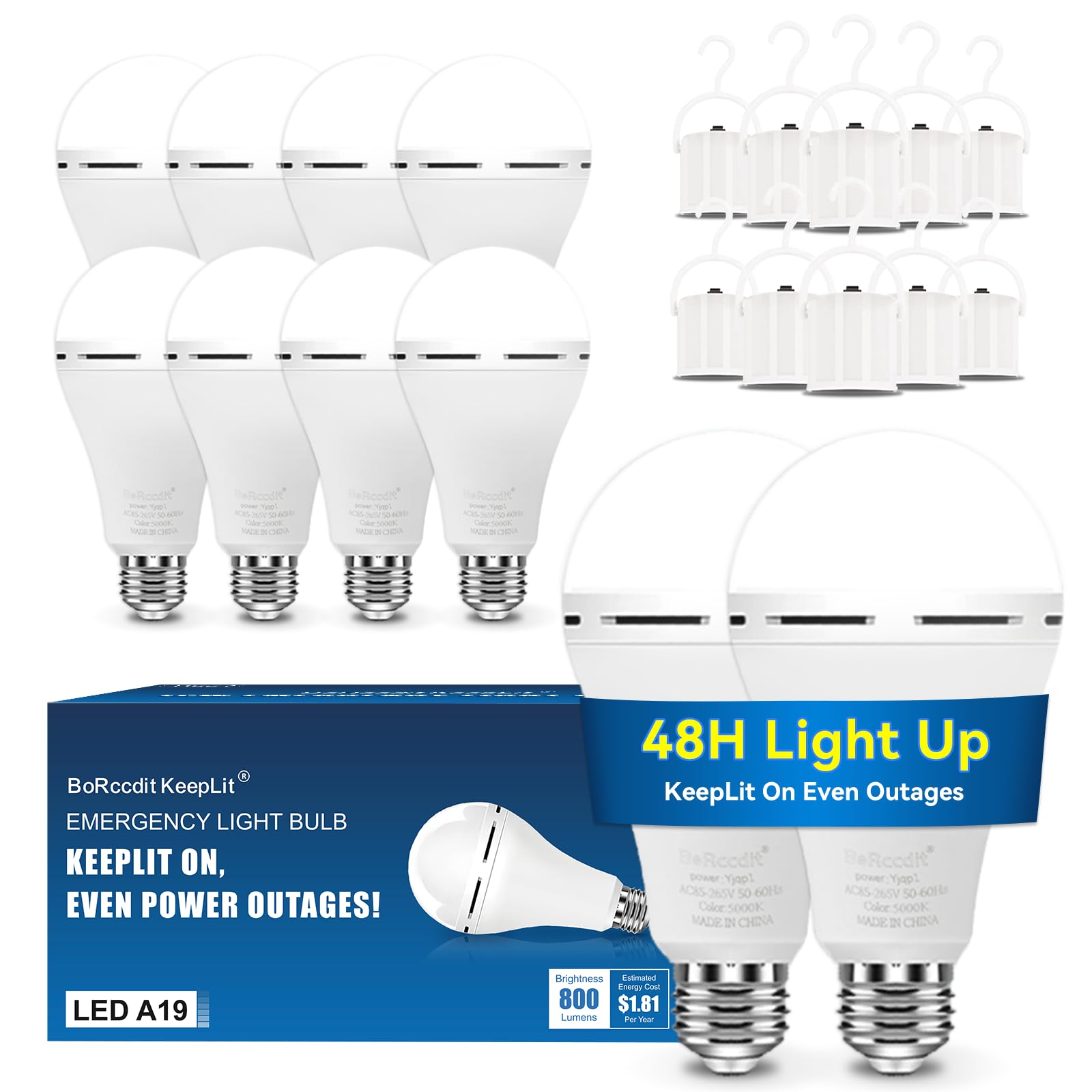 Borccdit Keeplit 10Pk A19 Emergency Rechargeable Light Bulbs, 48H Light Up & 3 Brightness Emergency Power Outage Light Bulbs,12W