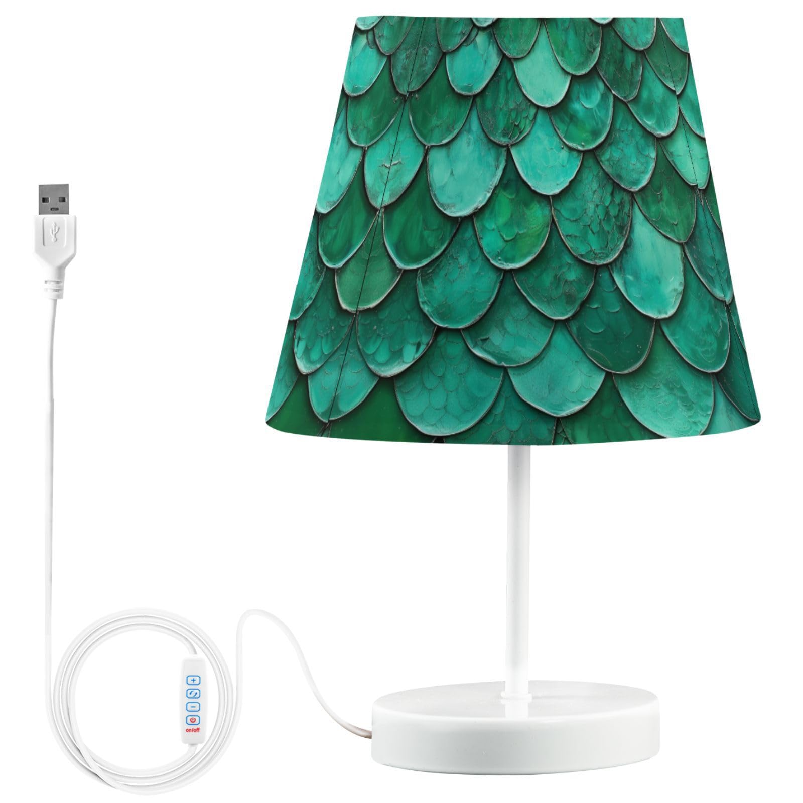 Peystean 3-Color Dimmable LED Table Lamp, Beautiful Green Mermaid Fish Scale Linen Shade Large 12 Bedside Nightstand Light with 