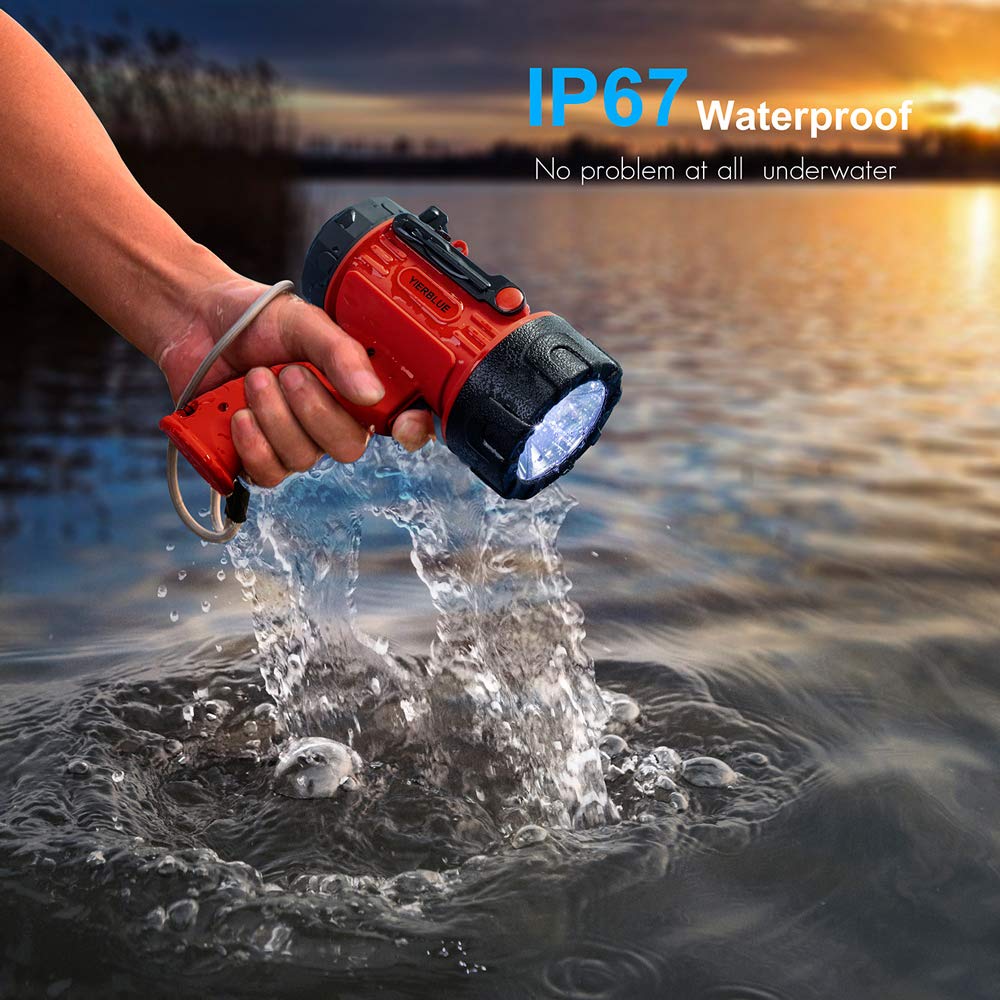 YIERBLUE Rechargeable Spotlight 100000 Lumen LED, IP67 Waterproof, Handheld Flashlight, Model YBN-2000, Red, 10000mAh Battery