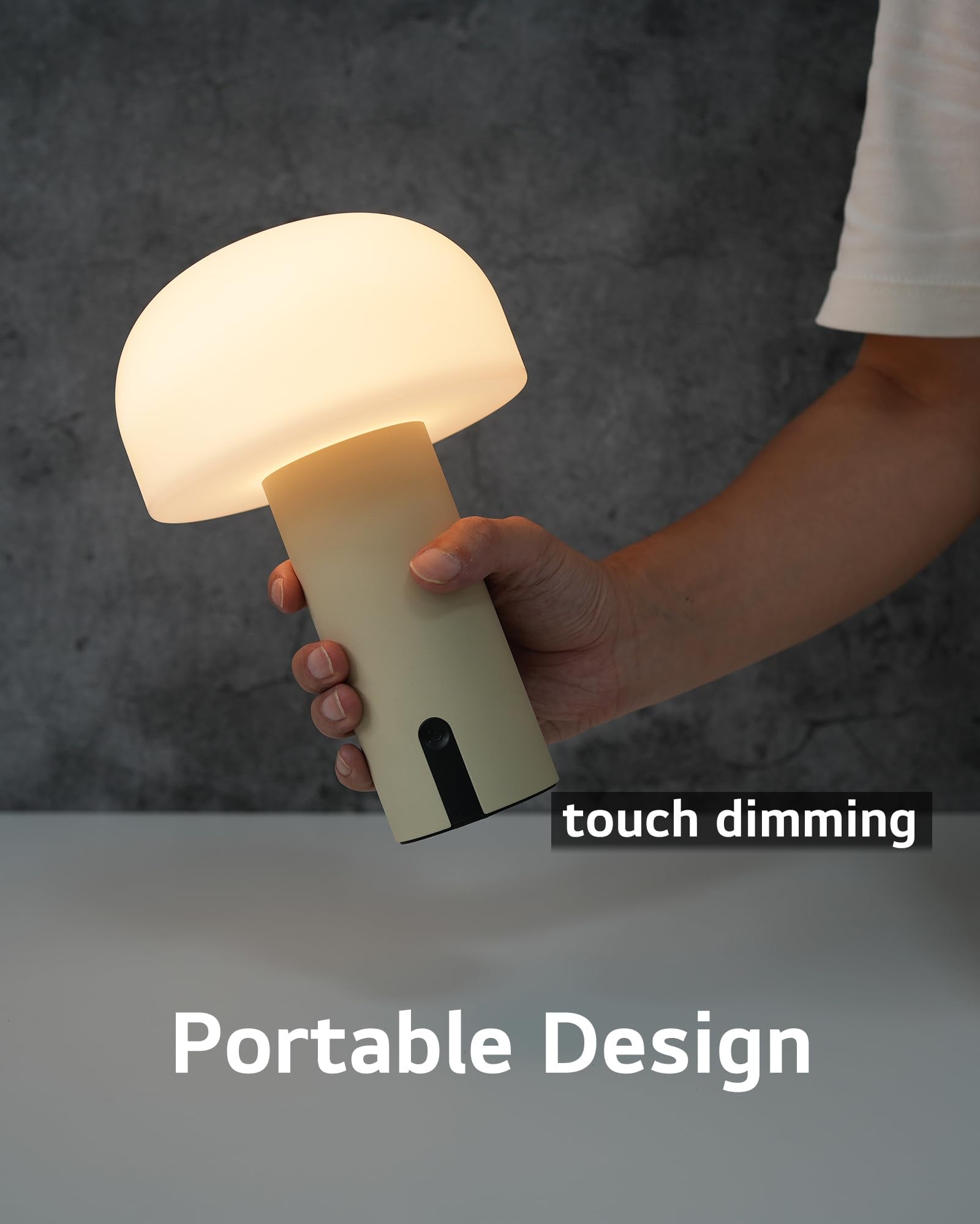WEILAILUX Cordless Mushroom Table Lamp - Waterproof, Rechargeable, Touch Dimmable, Khaki, Model WL-3760 for Bedroom/Outdoor Use